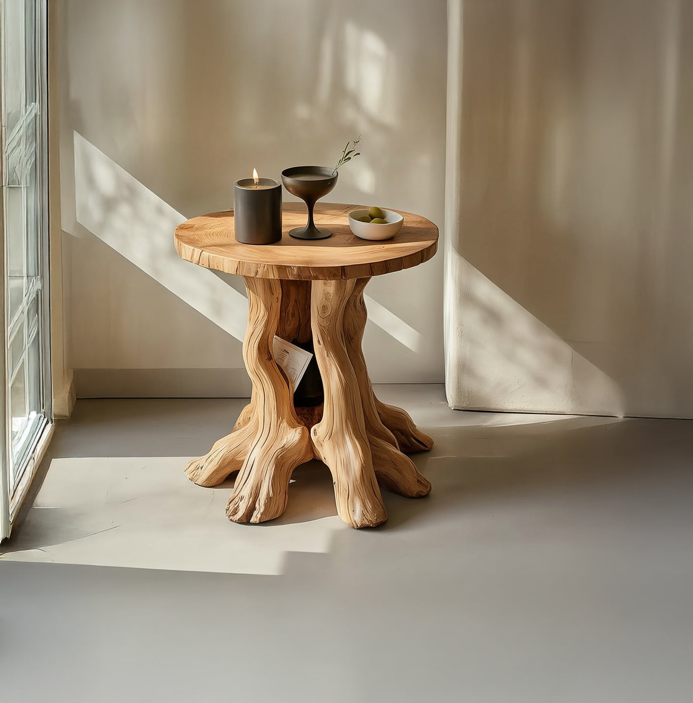 Handcrafted Solid Wood End Table with Sculptural Tree-Root Base – Accent Side Table