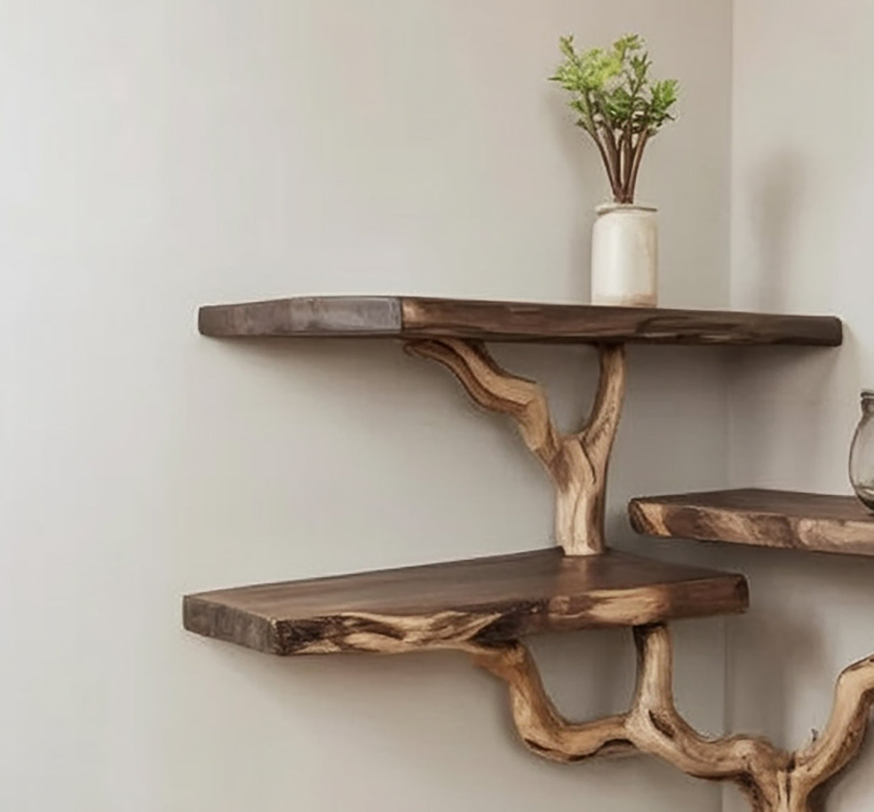 Driftwood Tree Branch Corner Shelf – Handmade Floating Wall Bookshelf