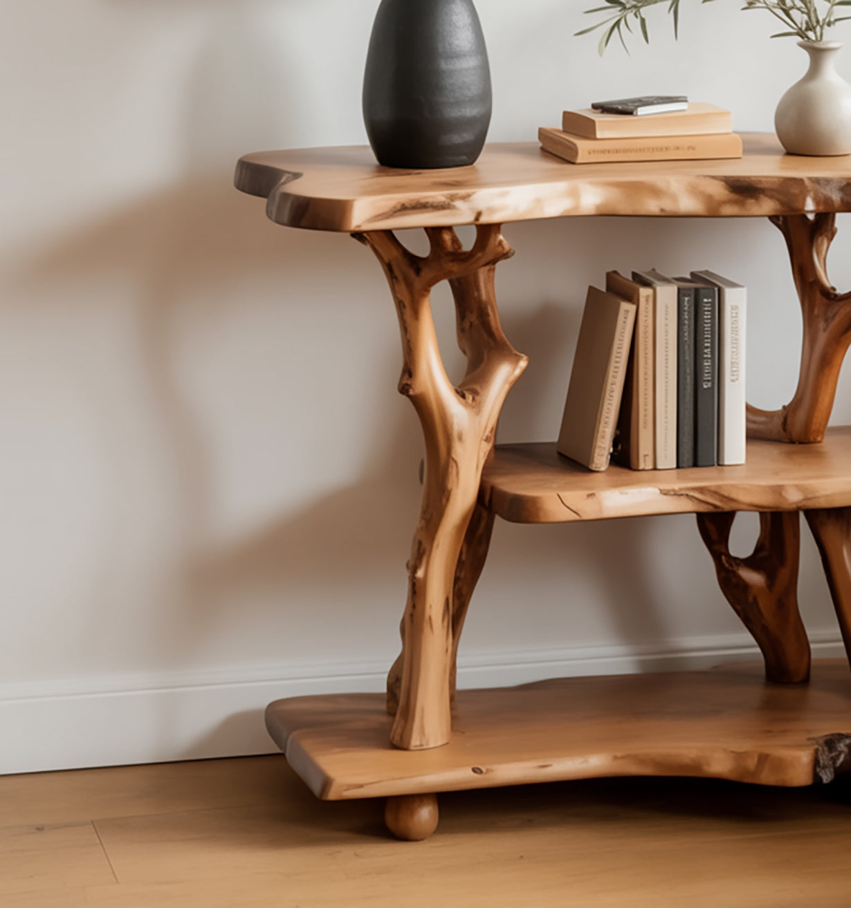 Solid Wood Tree Branch Nightstand – Rustic Free Standing Shelf