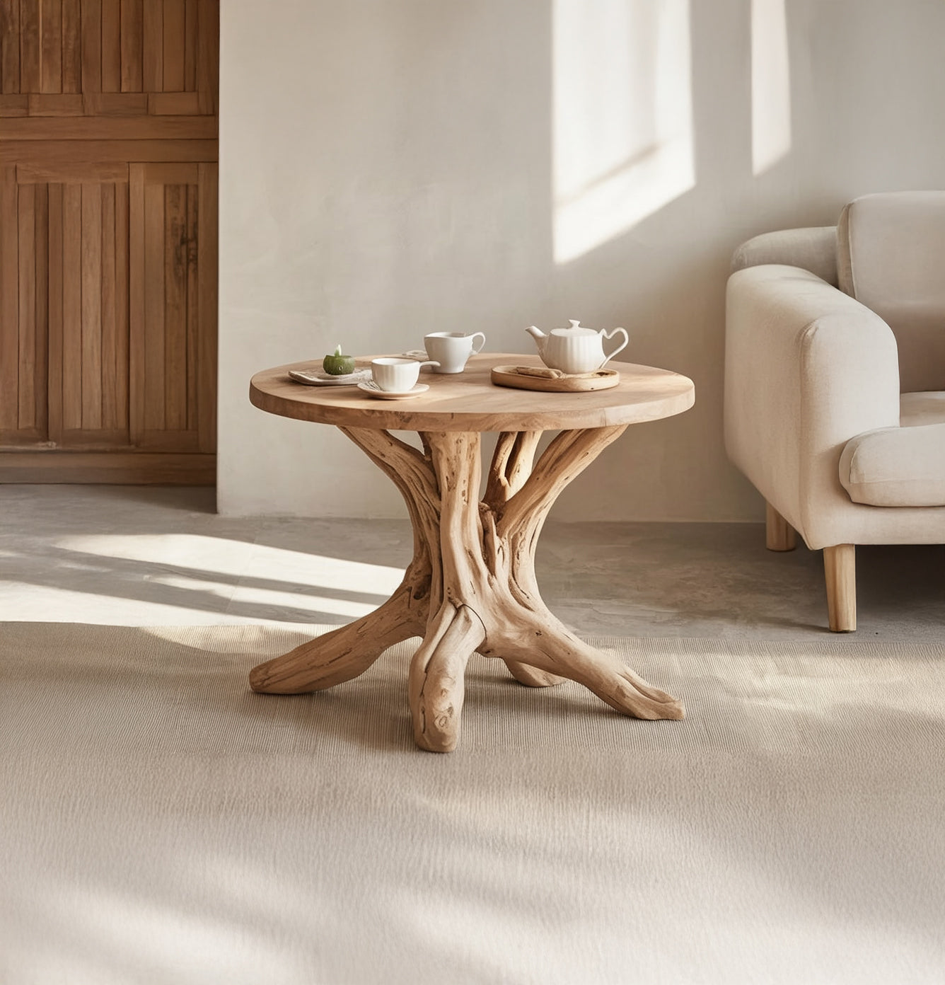 Handcrafted Solid Wood Round End Table – Sculptural Tree Root Base Living Room Table