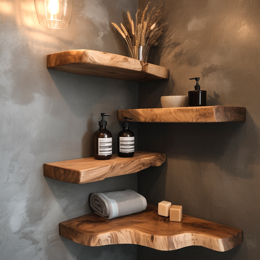 Live Edge Corner Floating Shelves – Handmade Solid Wood Wall Shelves