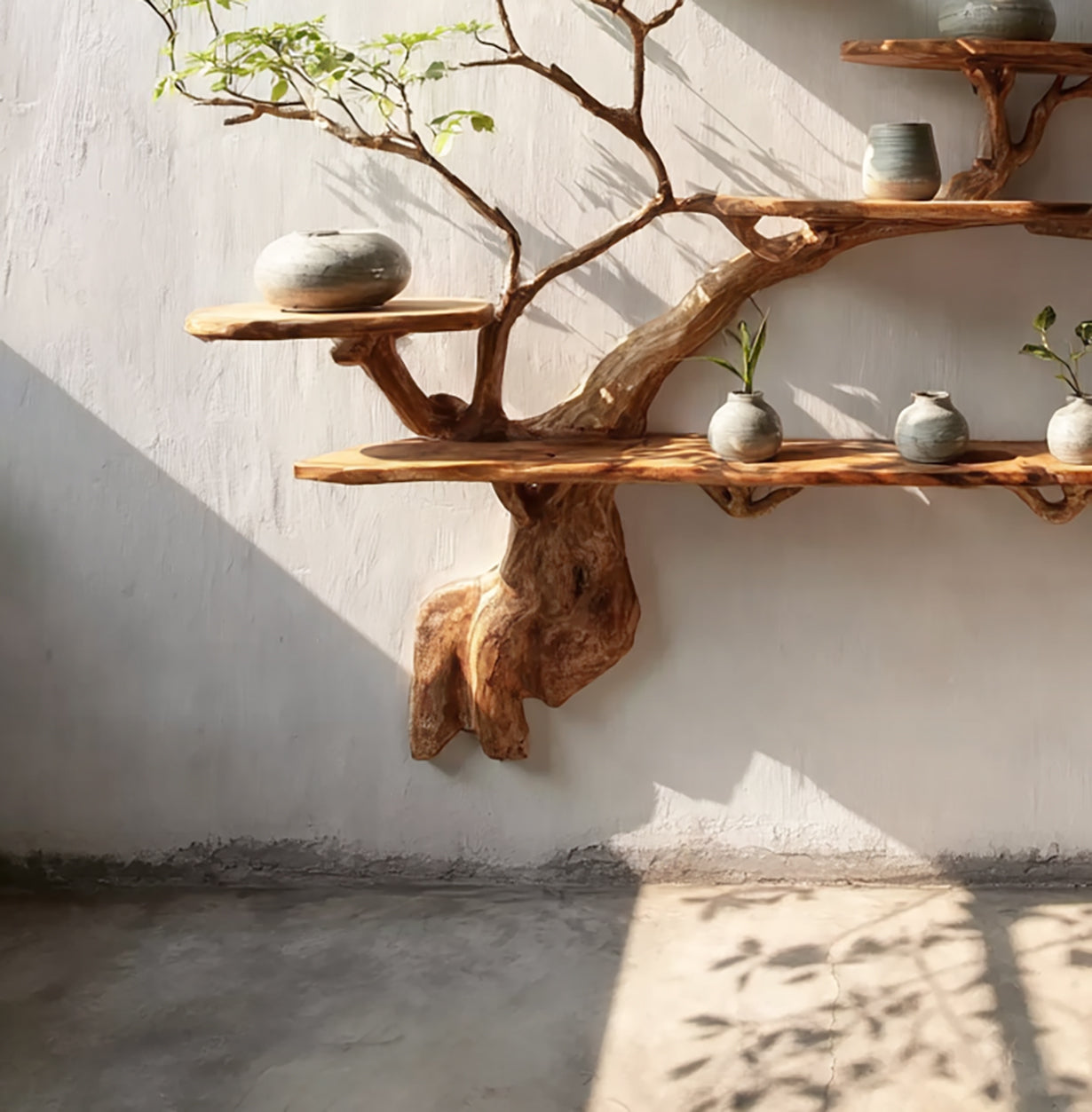 Driftwood Floating Bookshelf – Rustic Tree Branch Wall-Mounted Bookcase