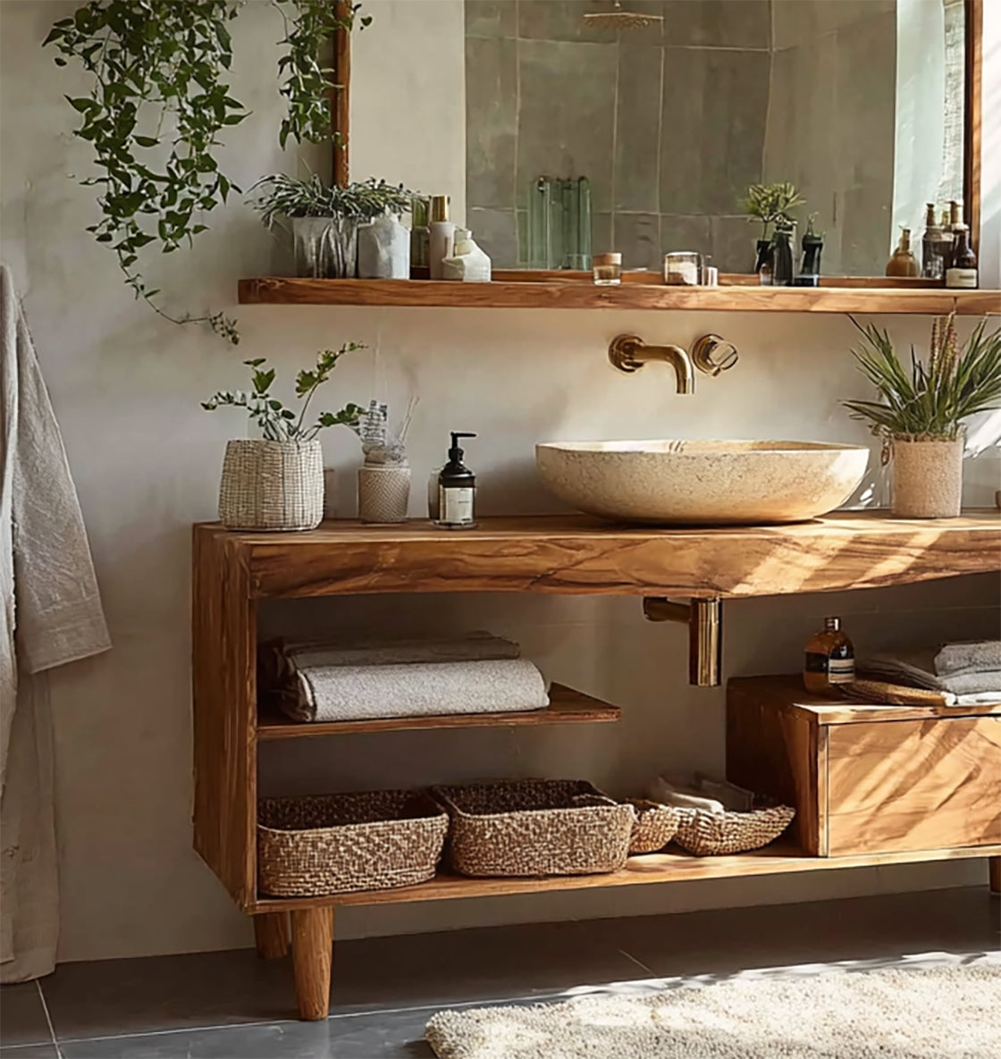 Rustic Live Edge Wood Bathroom Vanity – Handmade Solid Teak Sink Console with Storage