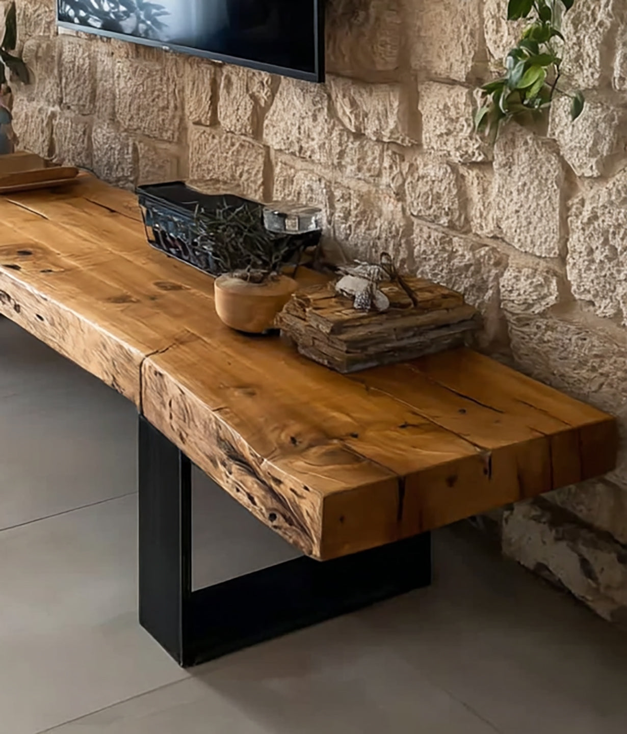 Rustic Live Edge TV Stand – Handmade Solid Wood Media Console with Black Metal Legs