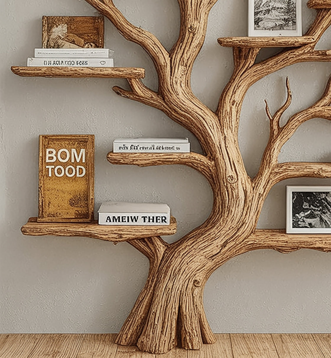 Rustic Tree Shaped Wooden Bookshelf with Branch Design for Living Room or Home Library