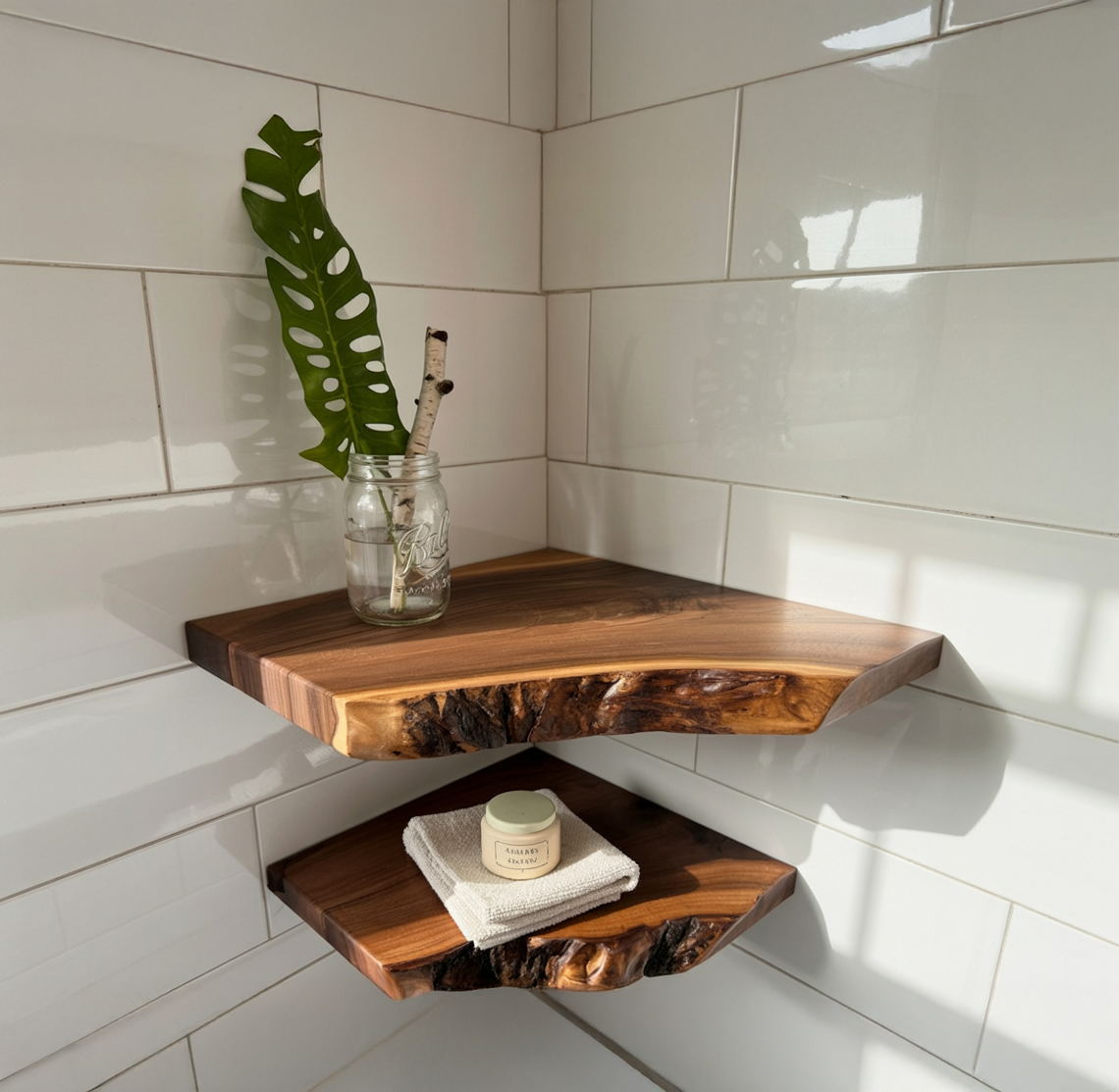 Corner Live Edge Wooden Floating Shelf – Rustic Walnut Christmas Décor & Gift