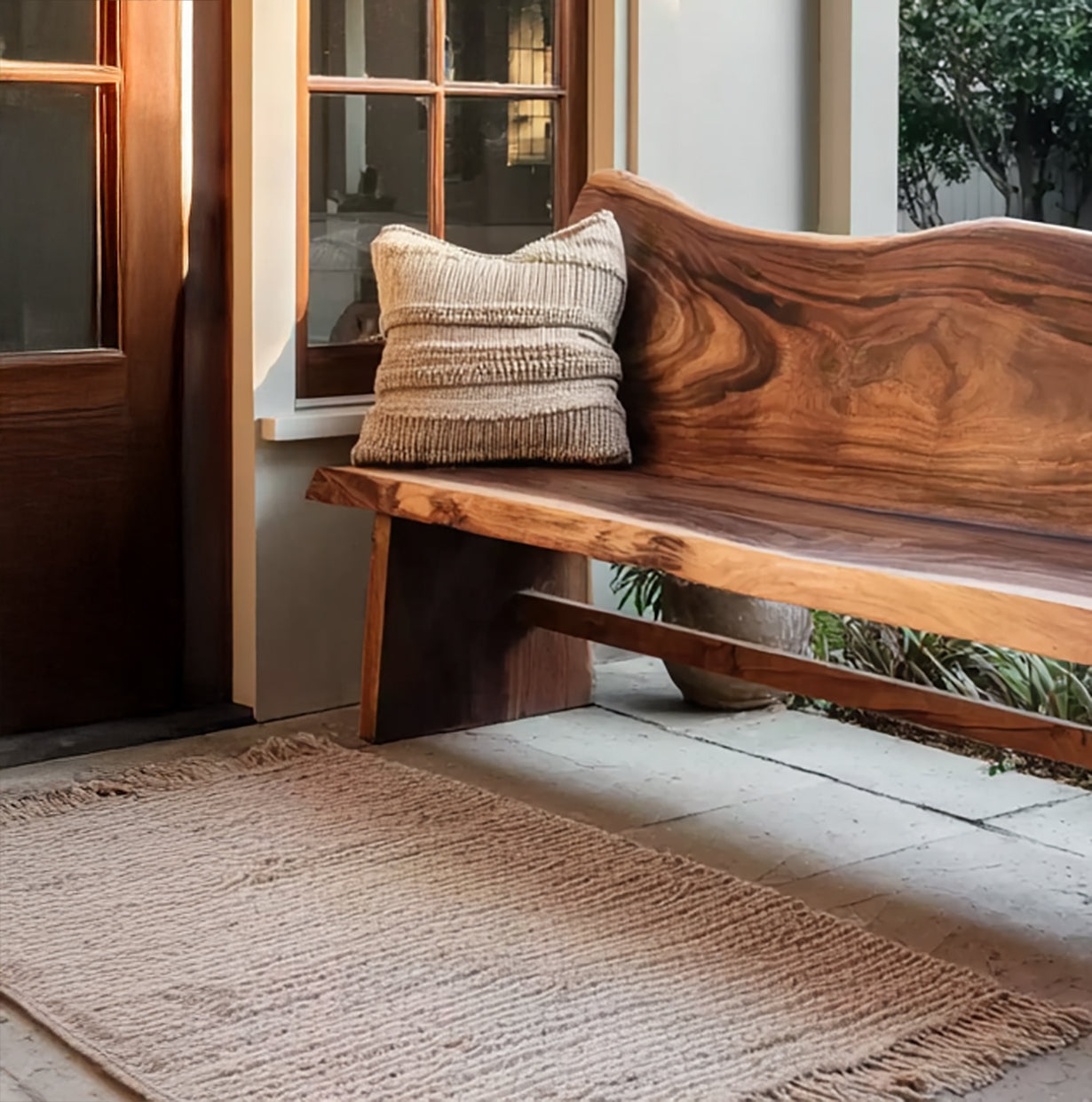 Rustic Handcrafted Outdoor Wooden Bench – Curved Backrest