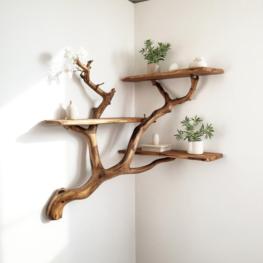 Floating Corner Tree Bookshelf – Rustic Driftwood Branch Wall-Mounted