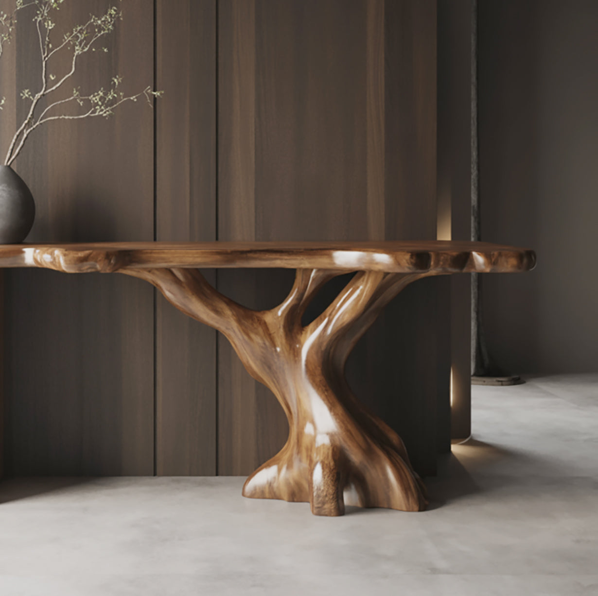 Live Edge Wood Desk with Tree Trunk Base – Handmade Solid Wood Office Table