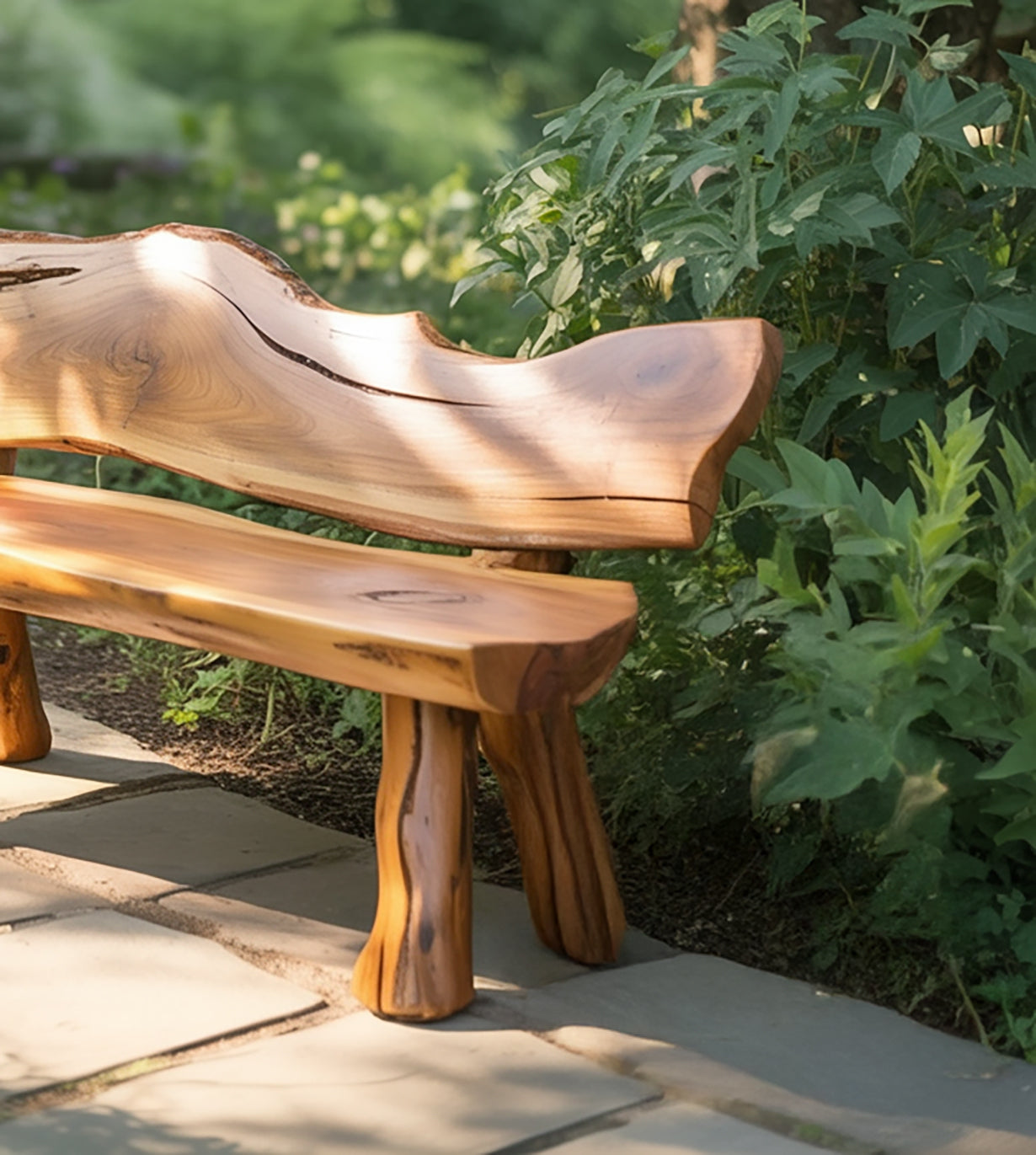 Live Edge Outdoor Wooden Bench with Backrest – Handcrafted Rustic Patio Seating