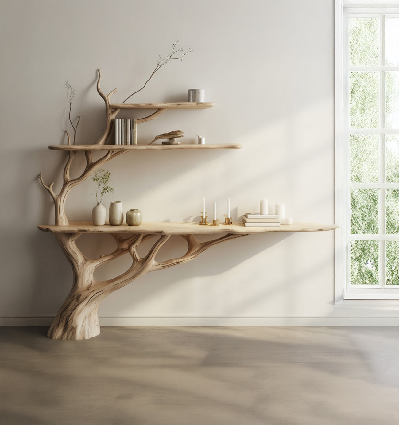 Live Edge Wood Console Table with Tree Branch Shelves – Handmade Hallway Table