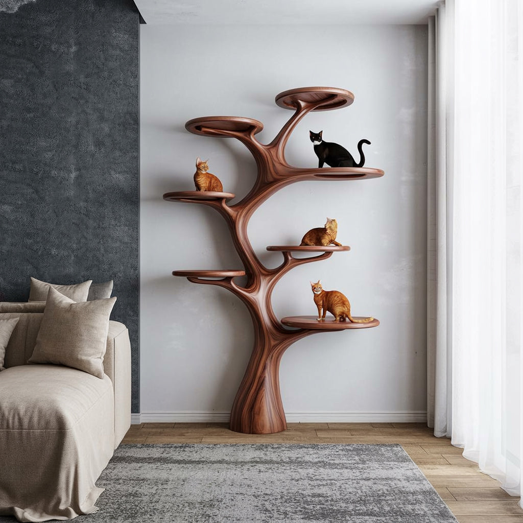 Artistic Branch Cat Tree & Bookshelf - Multi-Level Natural Wood Wall Sculpture