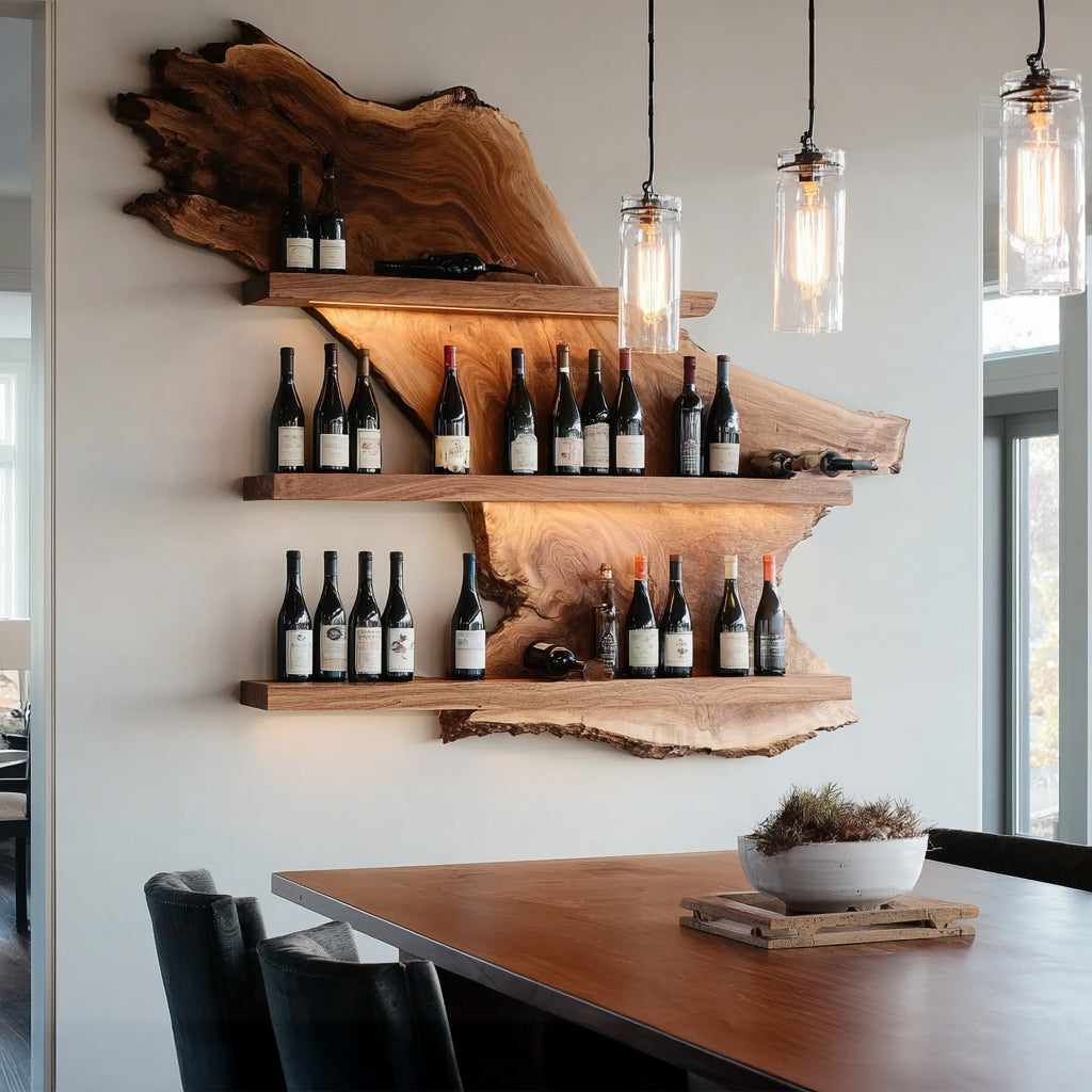 Live Edge Wooden Wine Rack Shelf – Handmade Solid Wood Wall Mounted Display