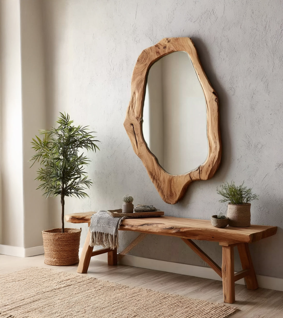 Handcrafted Wooden Mirror – Live Edge Natural Wood Frame, Rustic Wall Decor