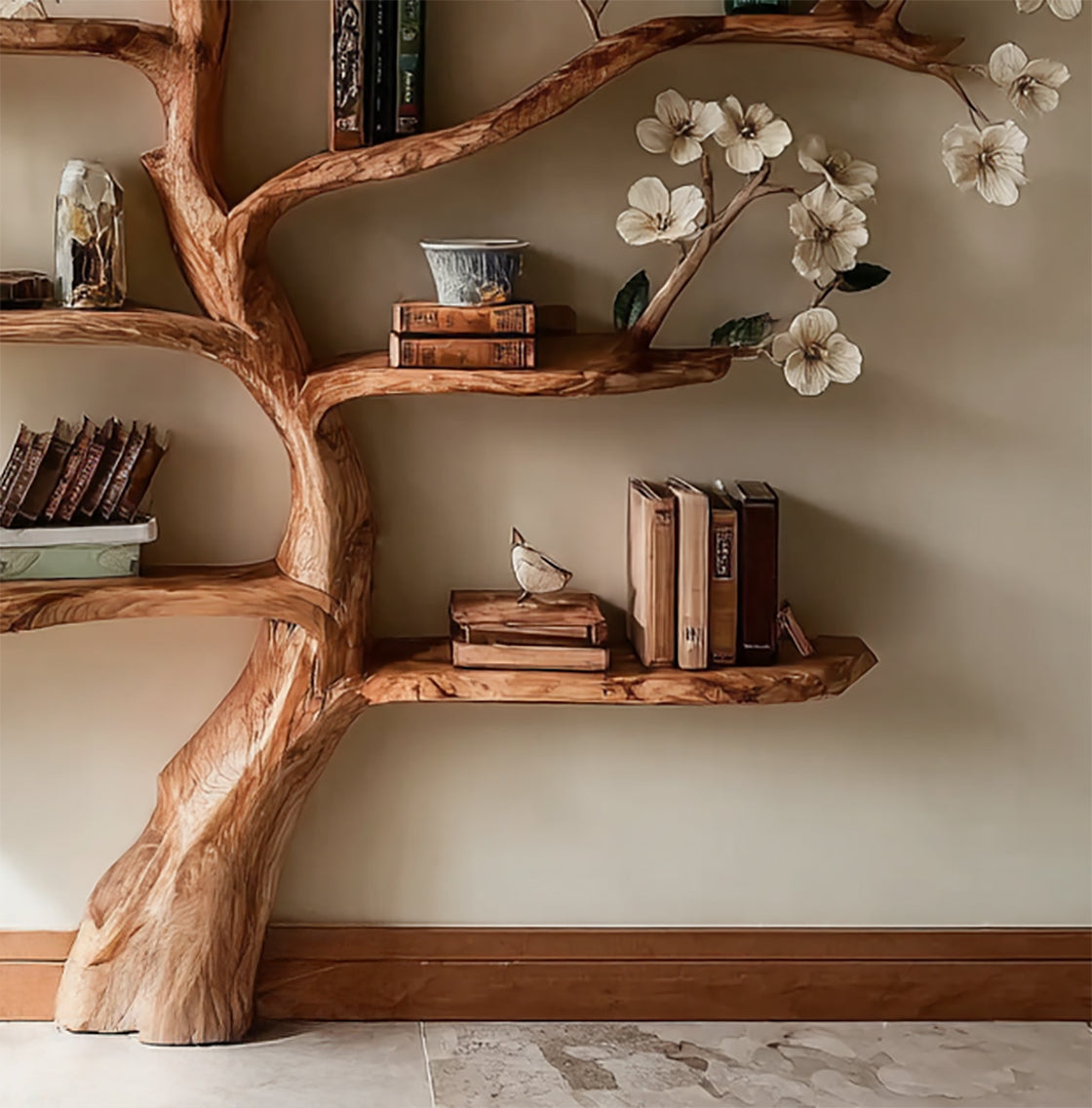Rustic Wooden Tree Bookshelf – Handmade Bookcase for Home Decor & Book Lovers