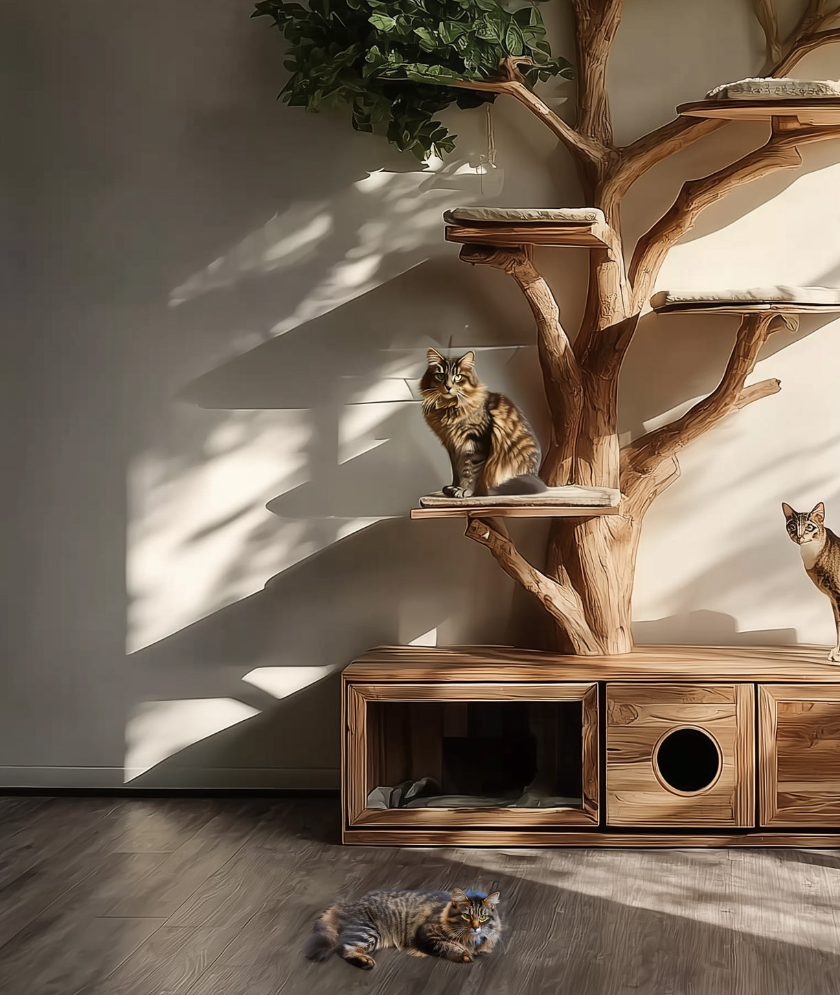 Handmade Wooden Cat Tree Tower – Rustic Furniture for Large Cats & Modern Pet Décor