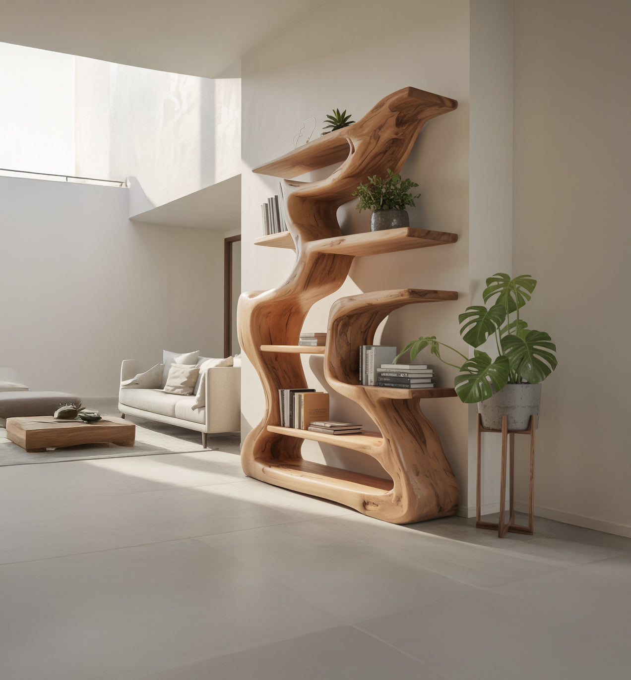 Artistic Wooden Bookshelf – Handcrafted Sculptural Curved Shelf for Modern Home Decor