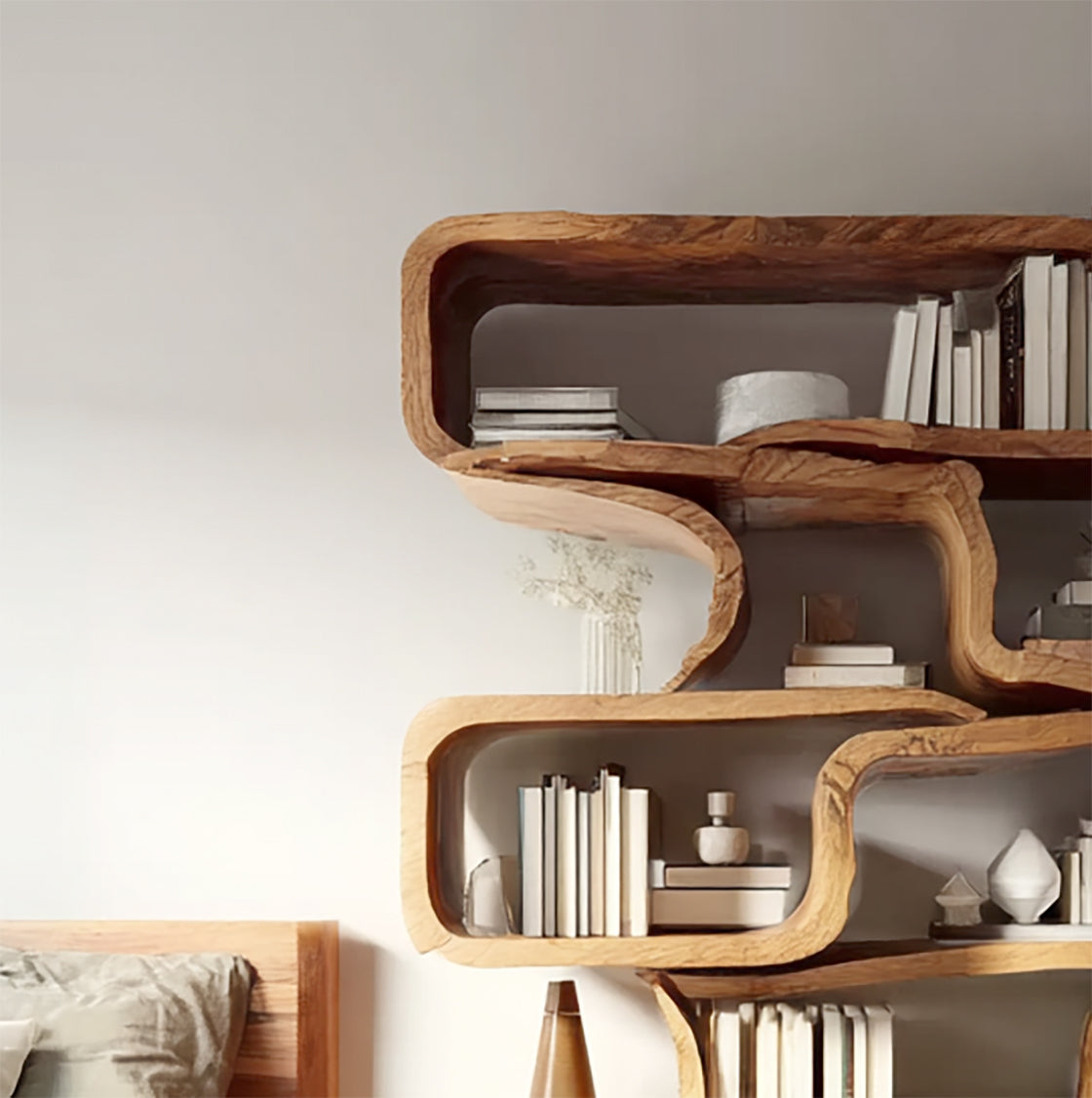 Handcrafted Solid Wood Bookshelf – Modern Sculptural Bookcase, Artistic Storage Shelf