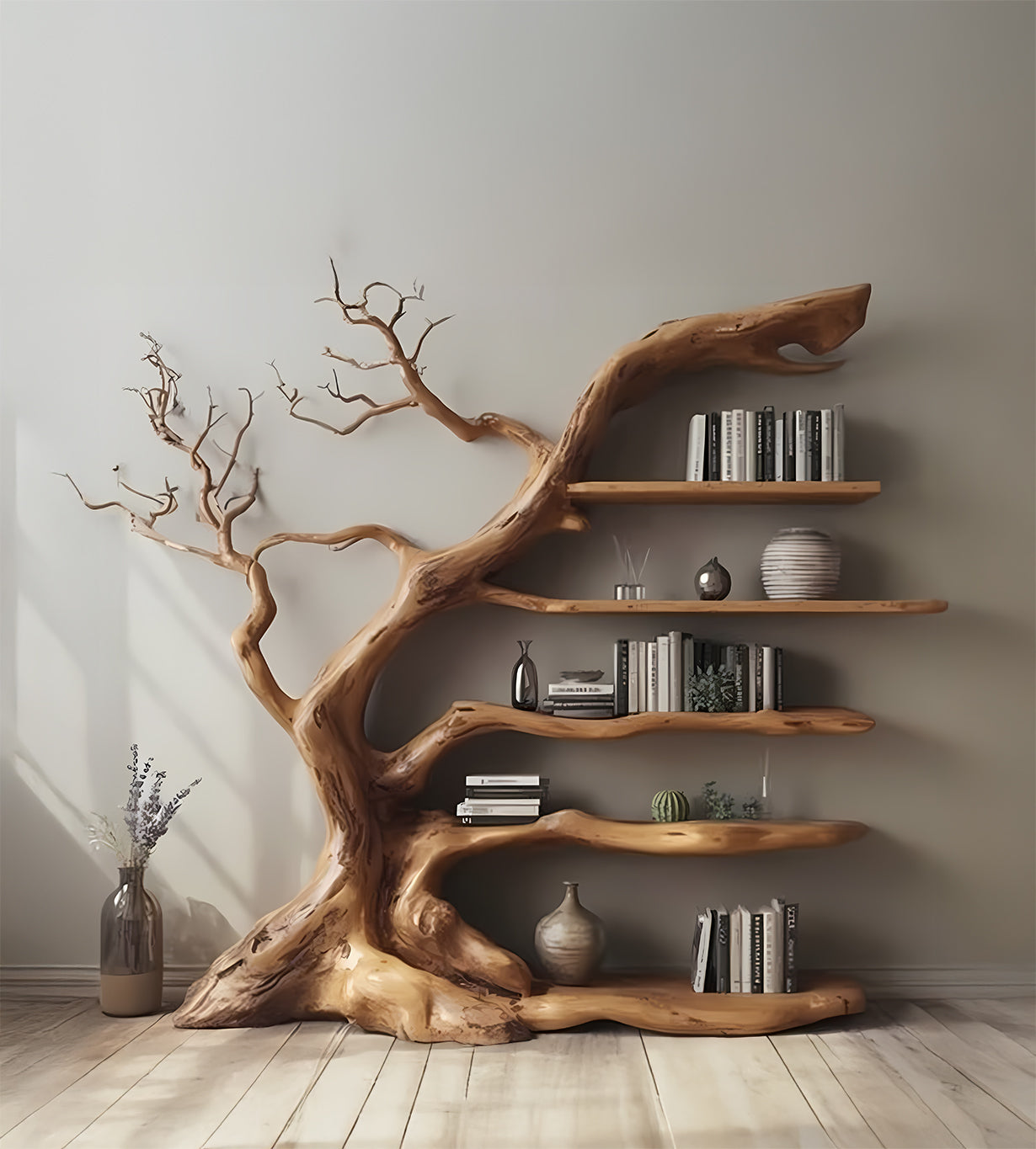 Driftwood Tree Branch Bookshelf – Wooden Wall Mount Shelf Home Decor