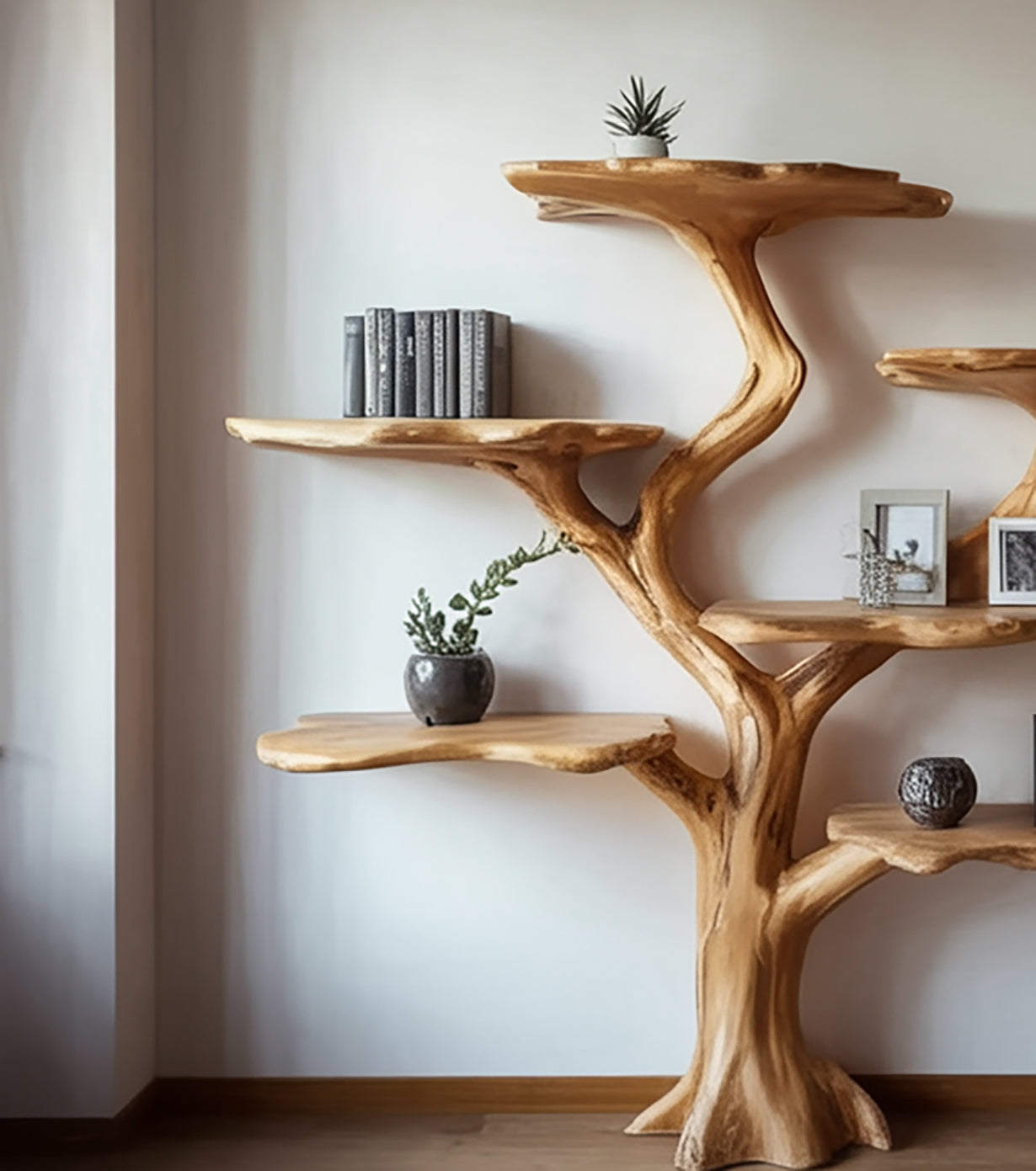 Custom Solid Wood Tree-Shaped Bookshelf – Vintage Wood Home Decor