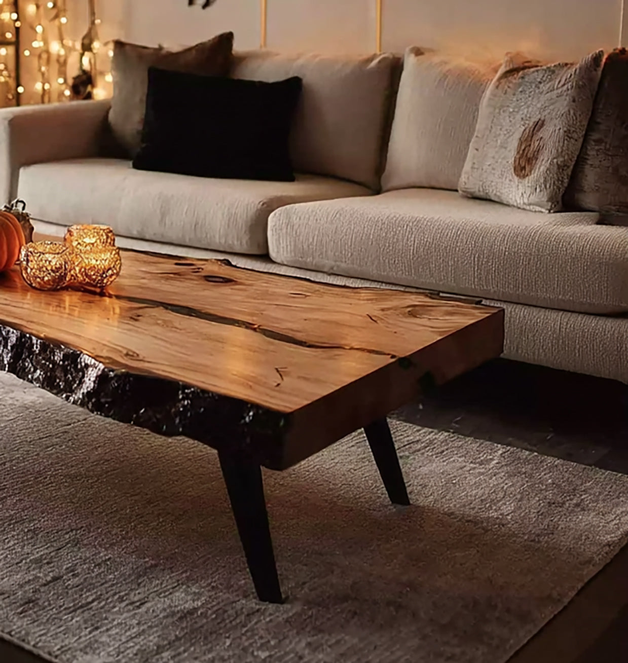 Rustic Handmade Wooden Coffee Table – Live Edge Solid Wood Farmhouse Trestle Table