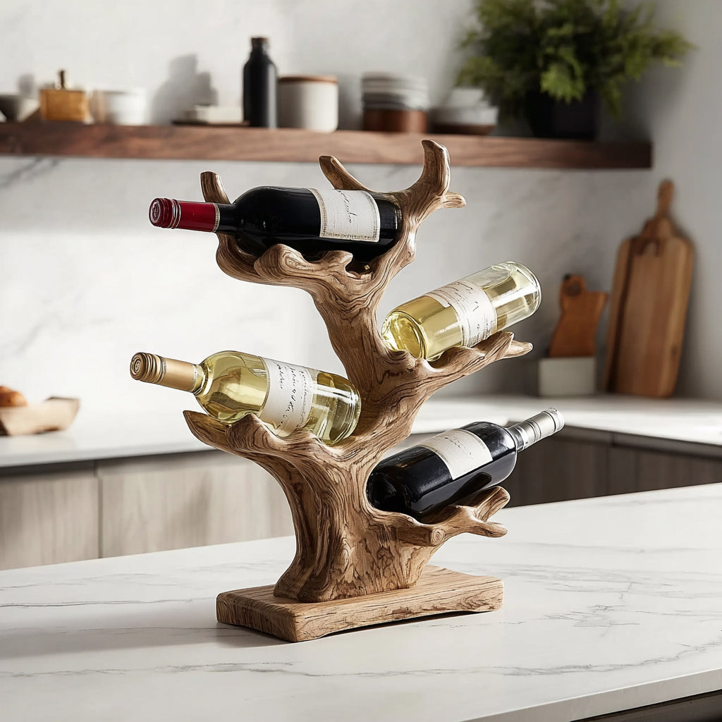 Mid Century Wine Rack – Solid Wood Countertop Wine Stand for Farmhouse Kitchen & Bar