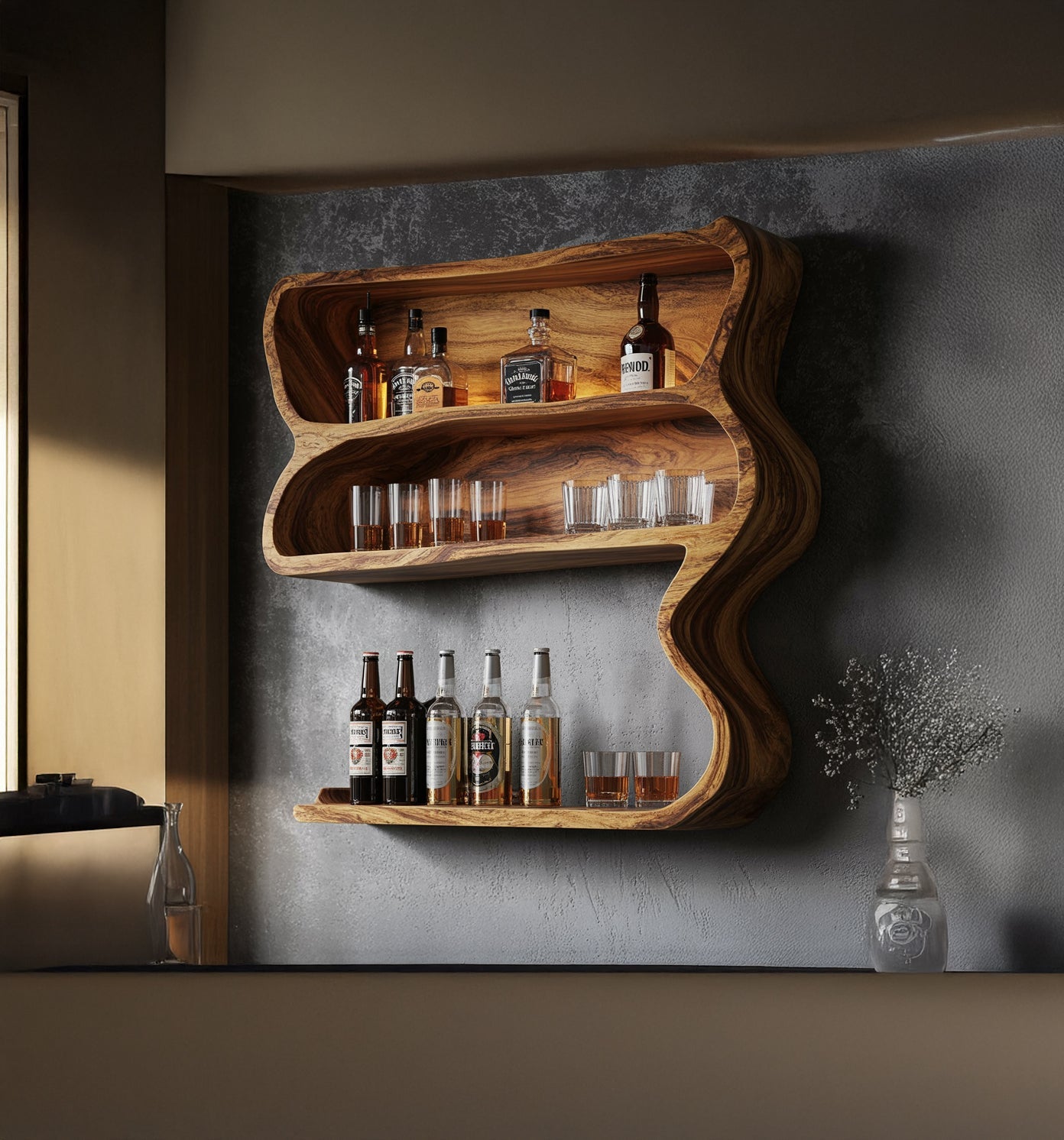 Handcrafted Bar Wall Shelf – Floating Live Edge Home Bar, Rustic Farmhouse Kitchen Decor