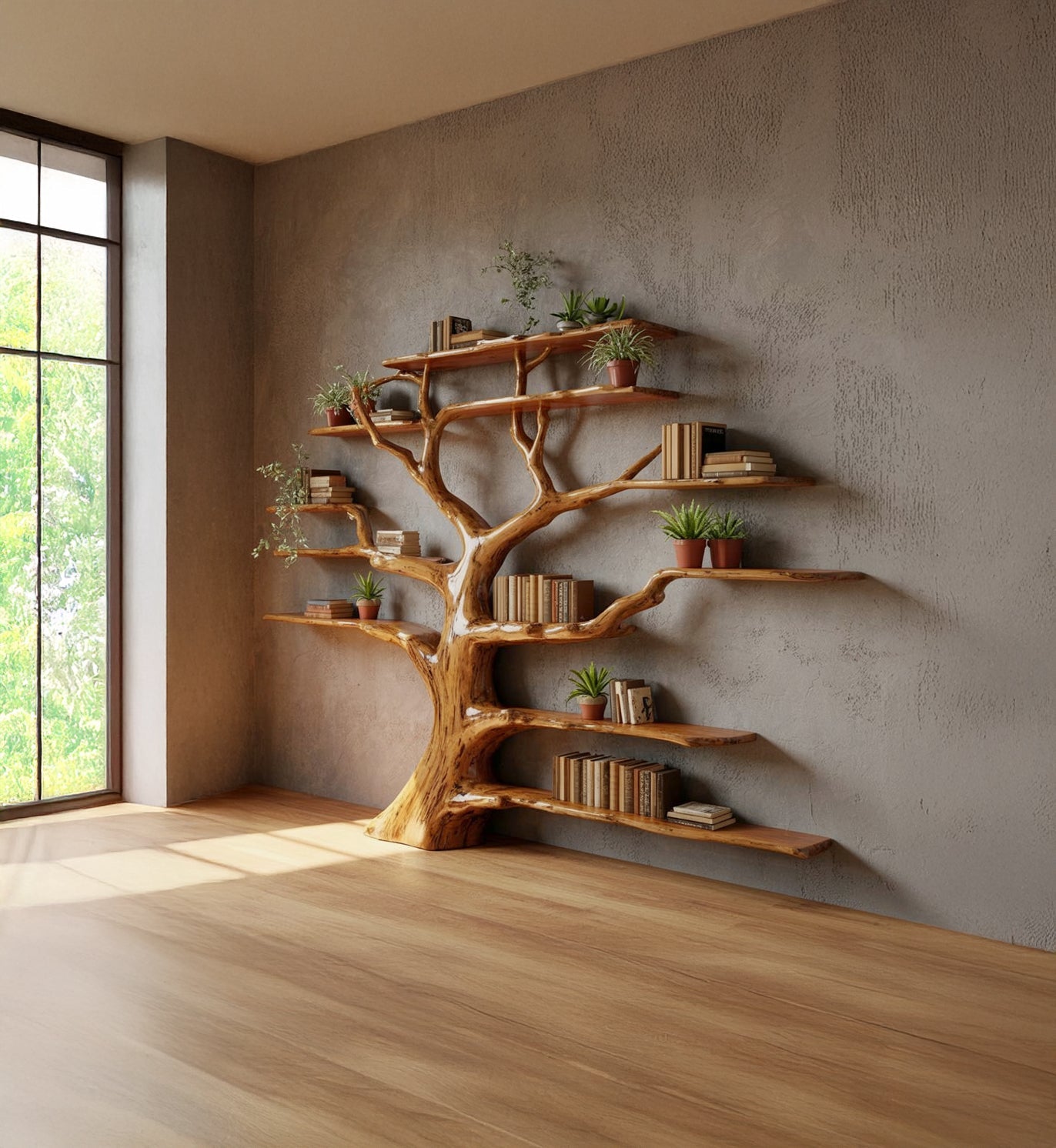 Tree Bookshelf – Rustic Wooden Book Tree Shelf, Wall-Mounted Natural Wood Décor