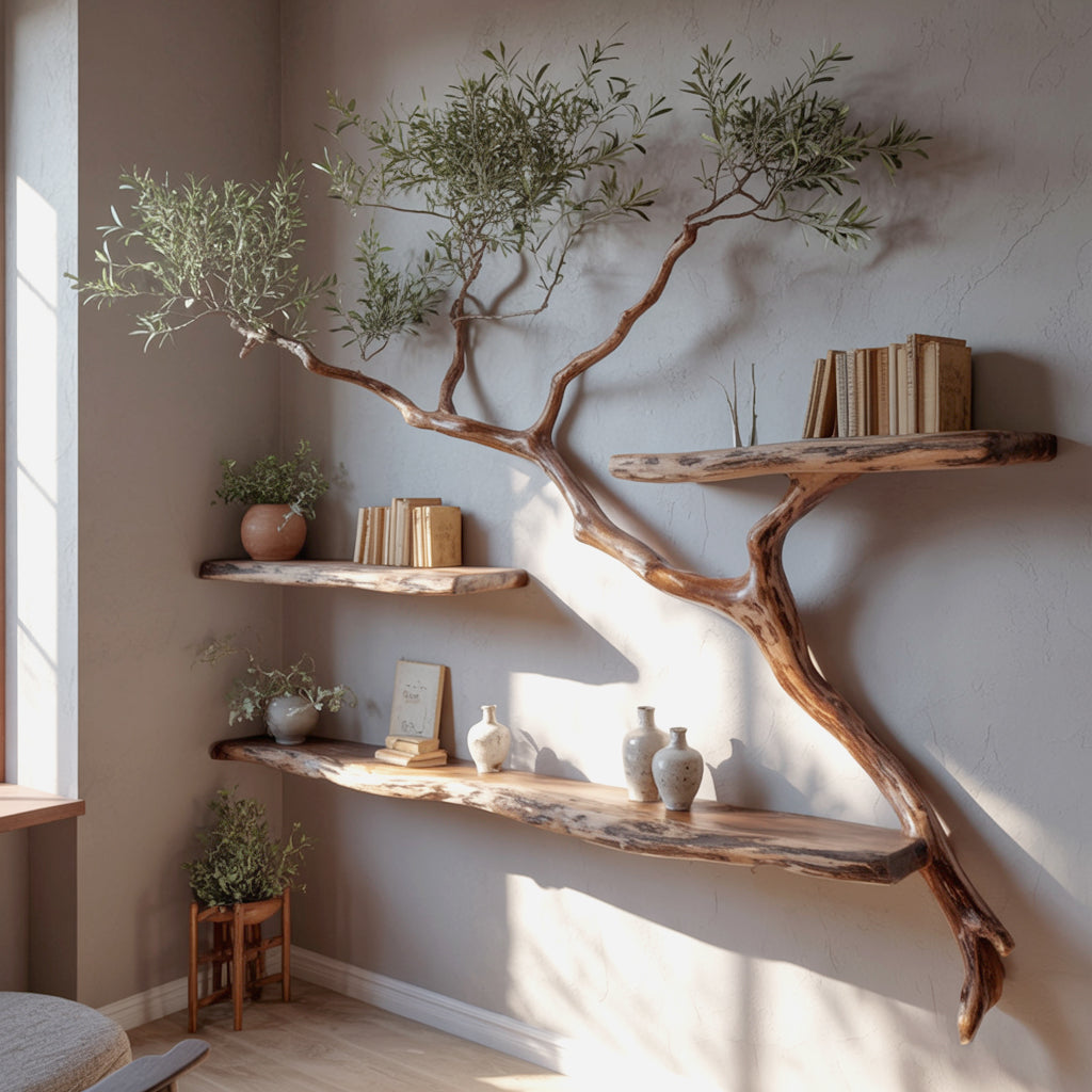 Live Edge Tree Wall Shelf – Artistic Wooden Floating Shelf, Rustic Handmade Decor