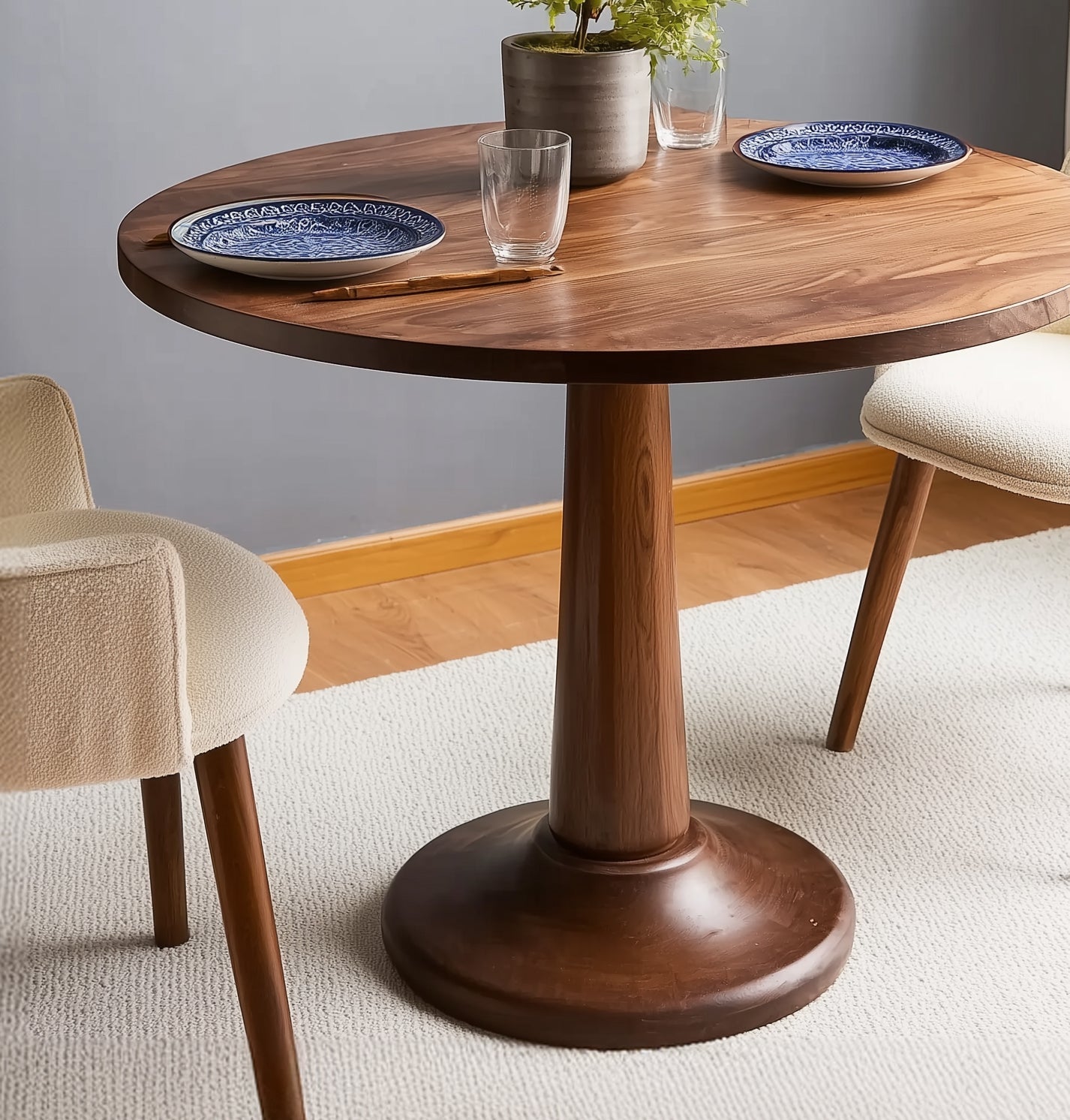 Rounded Square Dining Table for Two – Tulip Pedestal Leg, Dark Walnut Wood
