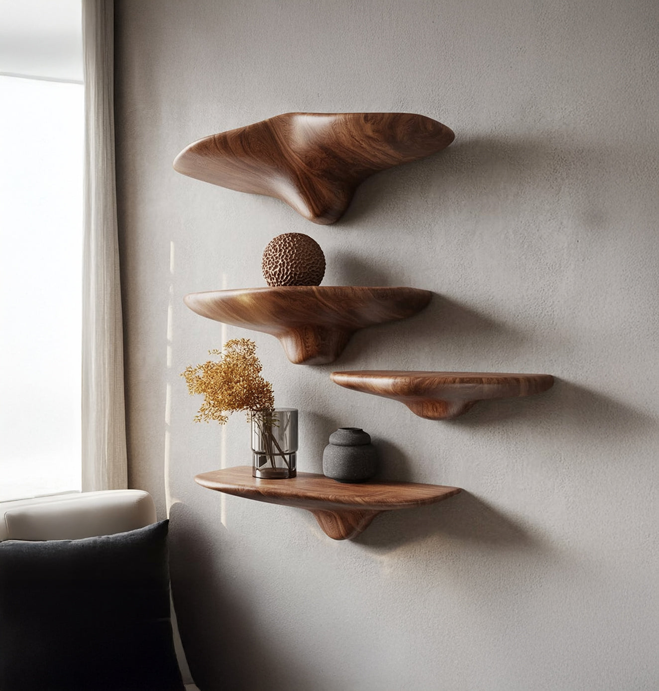 Organic Sculpted Wooden Floating Shelves – Handcrafted Modern Wall Art Storage
