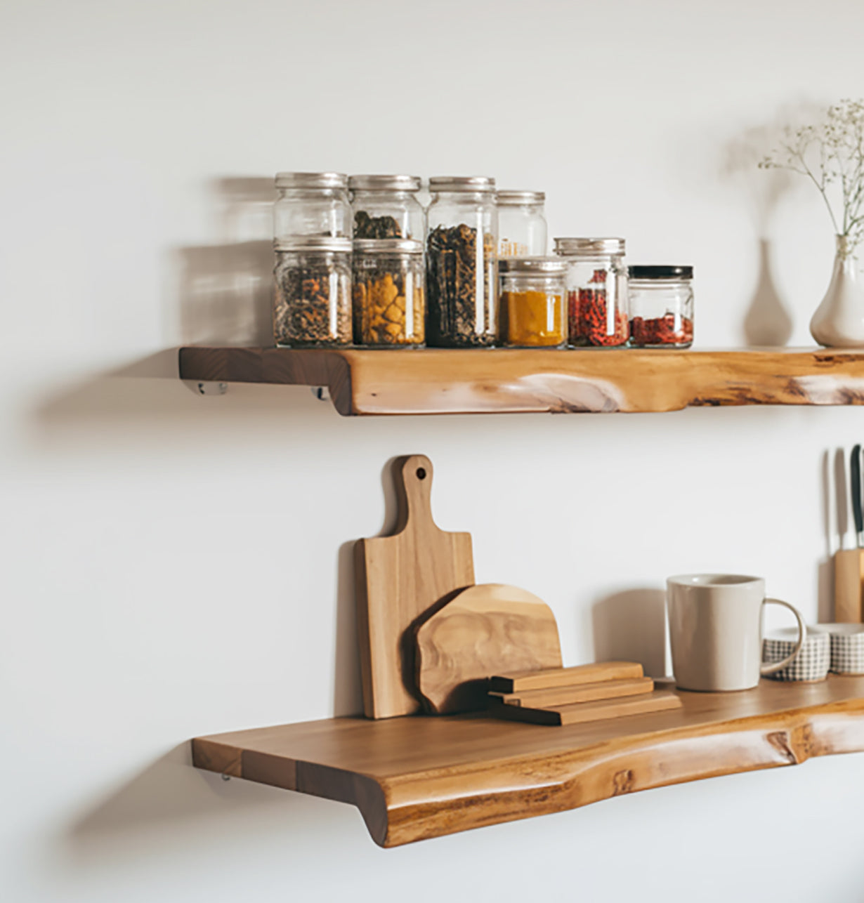 Live Edge Floating Kitchen Shelf – Solid Wood Wall-Mounted Storage