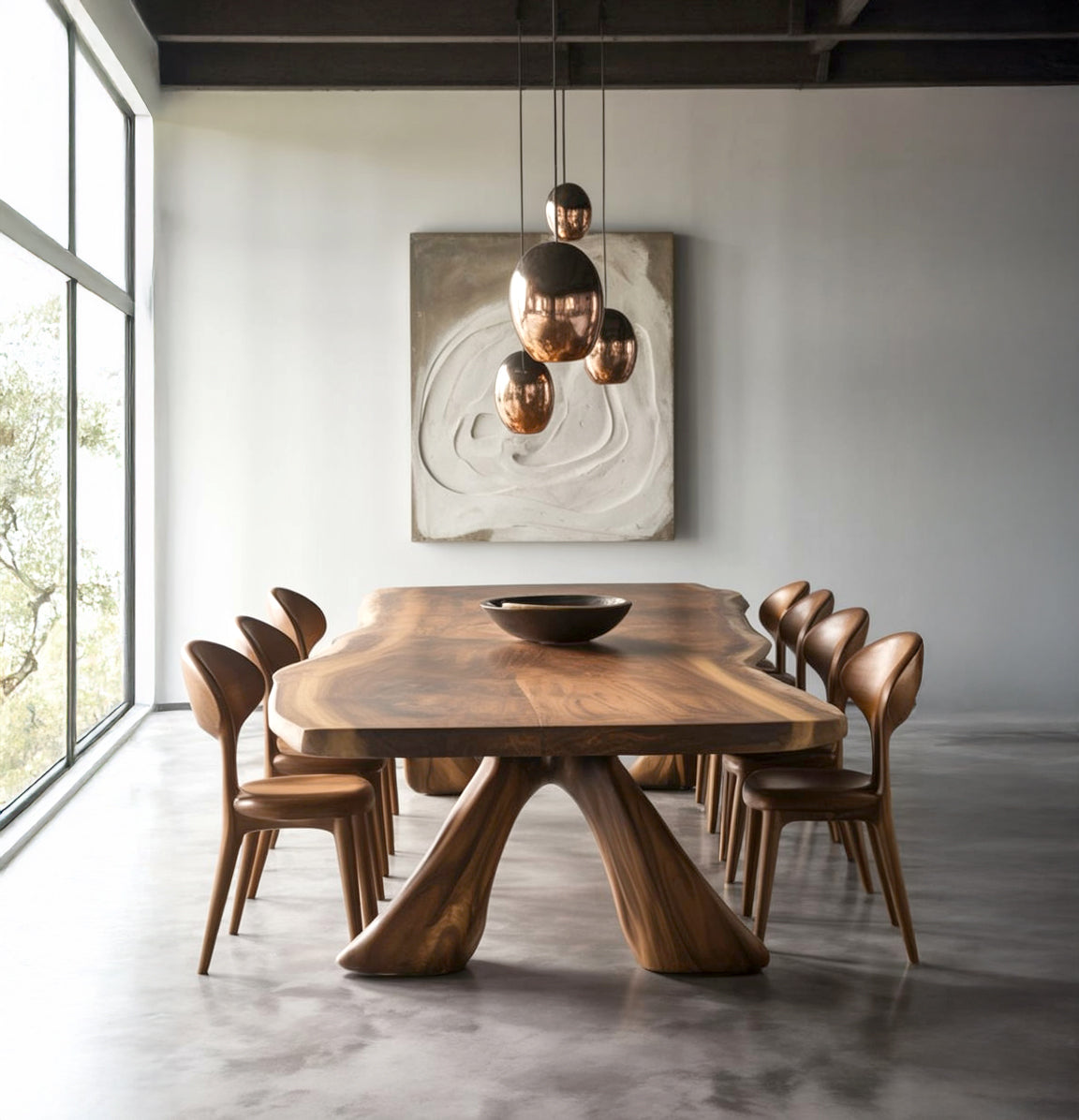 Modern dining room with organic wooden table, matching chairs, copper pendant lights, and abstract wall art