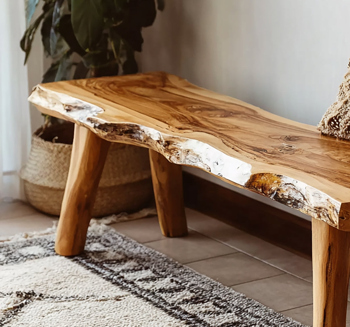 Live Edge Acacia Wood Bench: Rustic Modern Entryway Accent