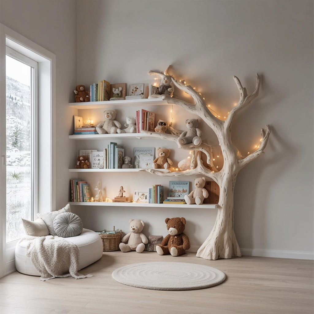 Cozy children's room with tree-shaped white bookshelf, teddy bears, books, string lights, round rug, and window view