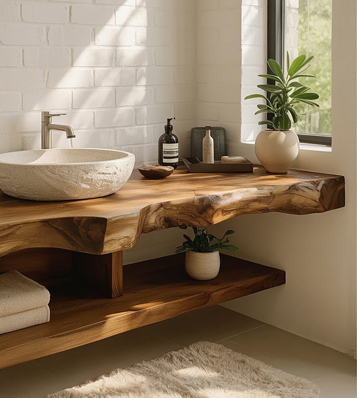 Rustic bathroom with live edge wooden countertop, stone vessel sink, plants, and white brick wall