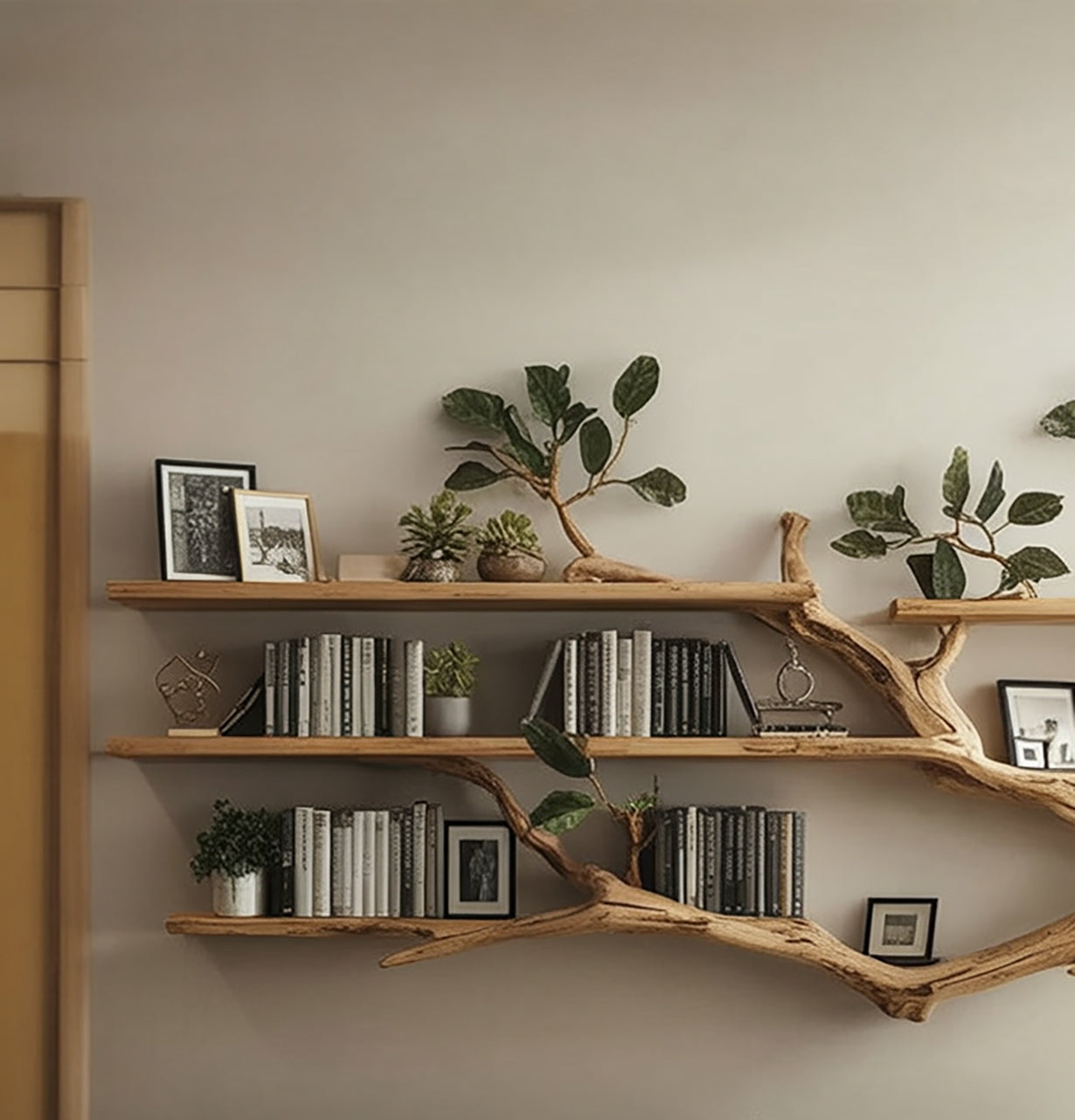 Handcrafted Tree Branch Wall Bookshelf – Natural Wood Floating Shelves