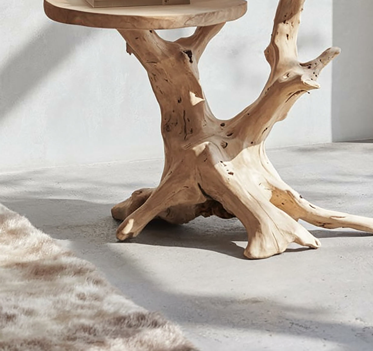 Natural wood root side table on concrete floor with fur rug in minimalist room