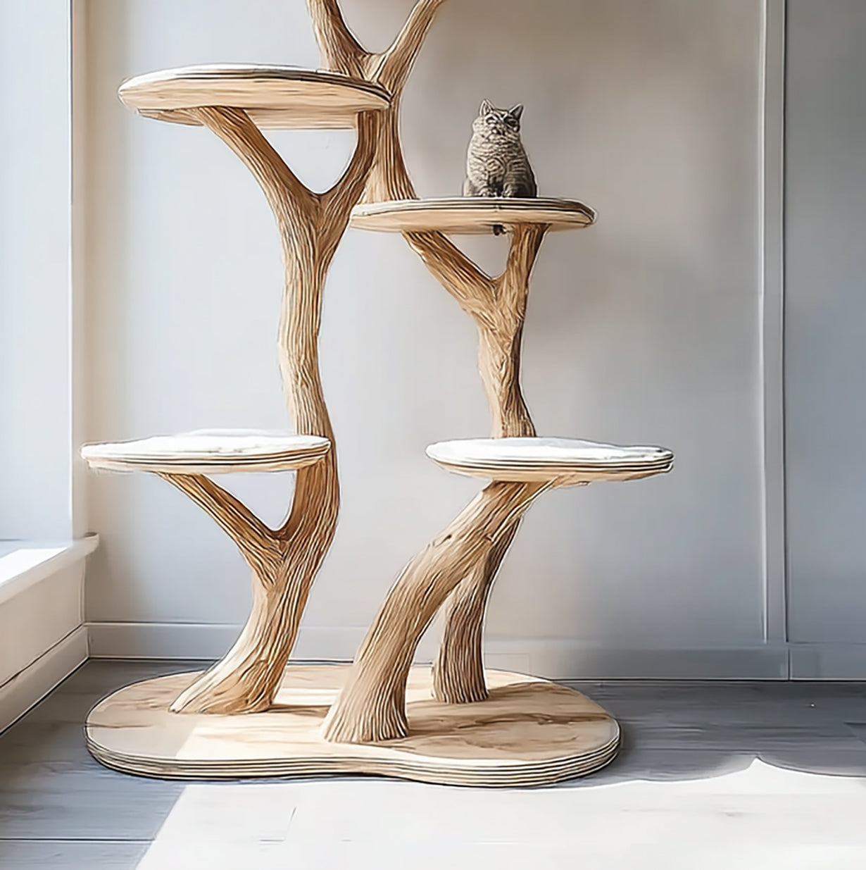 Handcrafted Wooden Cat Tree Tower with Organic Branch Design – Modern Cat Furniture