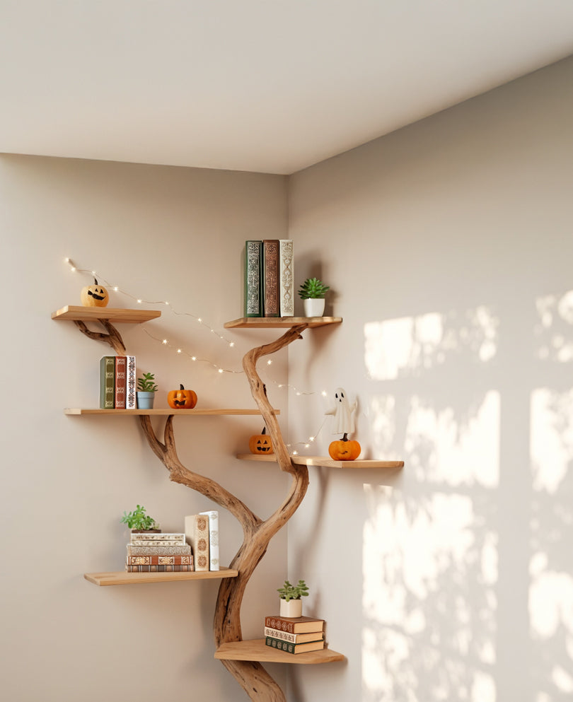 Handmade Tree Branch Wall Bookshelf with Leaves - Decorative Floating Shelf