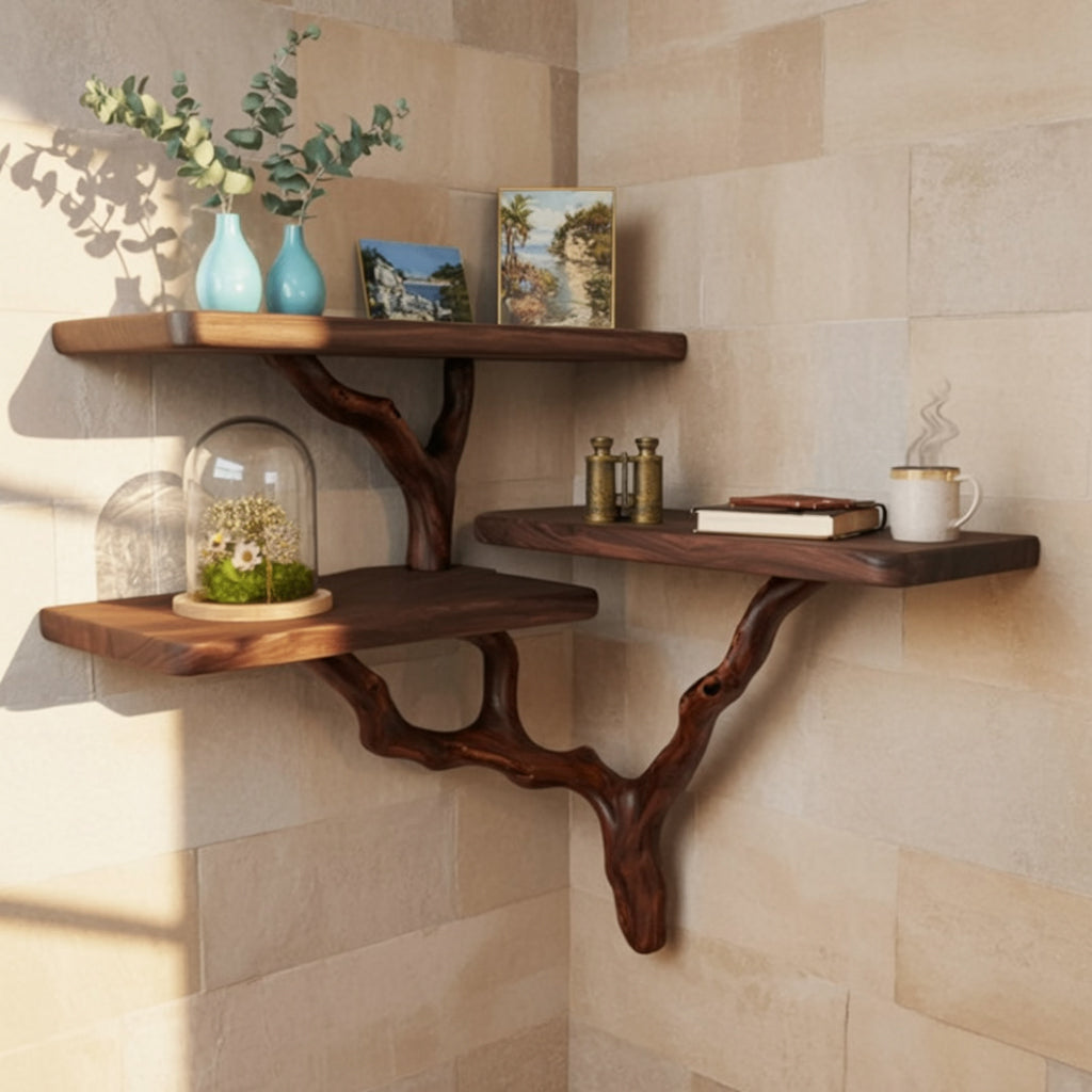 Organic Live Edge Wooden Corner Shelves with Branch Support – Rustic