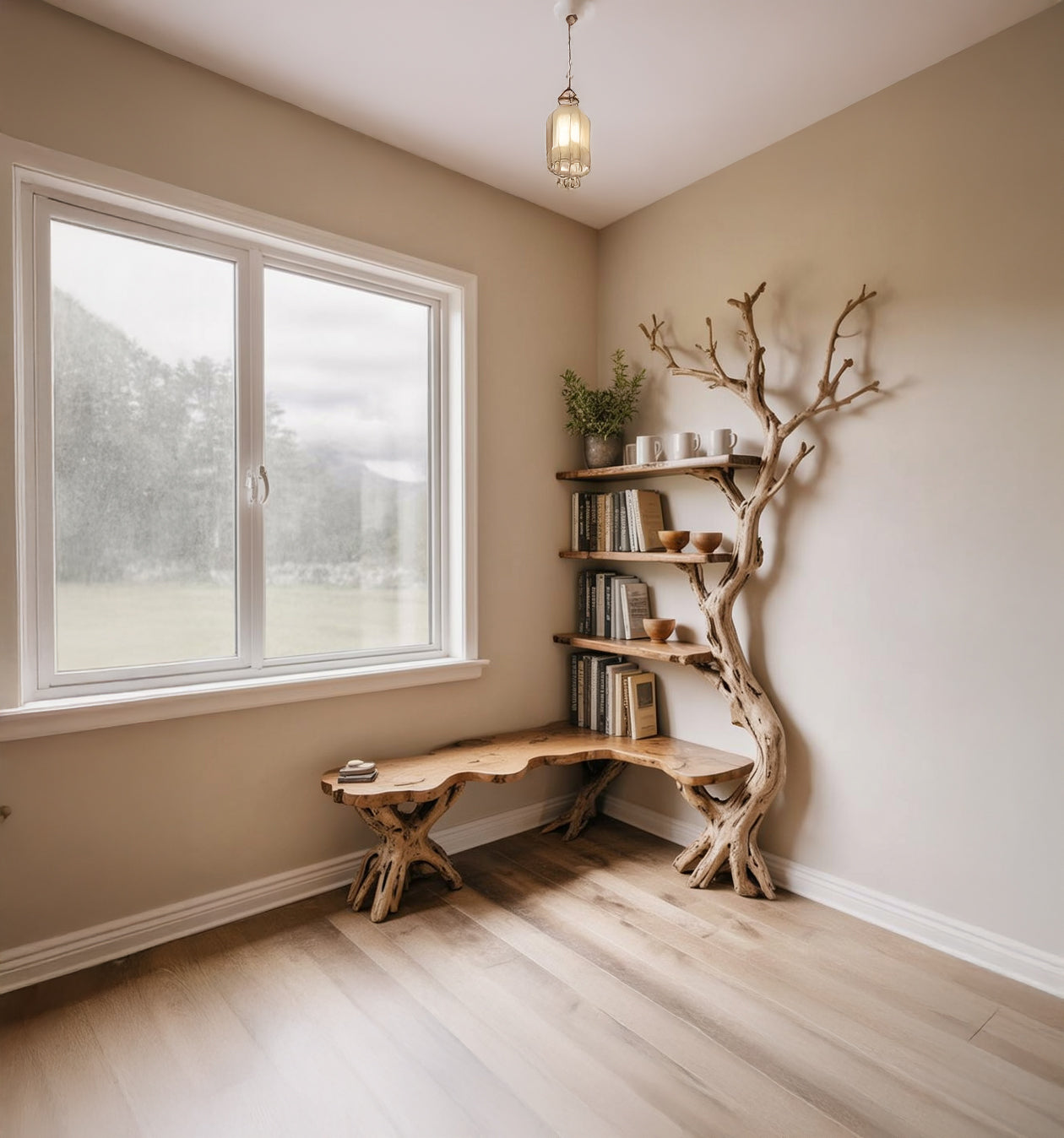 Driftwood Corner Bookshelf: Solid Wood Tree Branch Carving