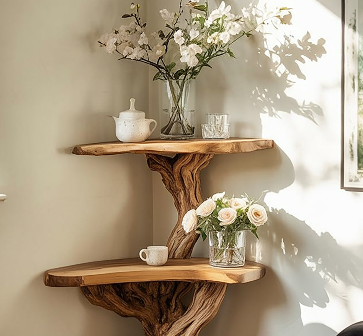 Corner Tree Console Table – Handcrafted Solid Wood Branch Shelf, Rustic Floating Plant Stand