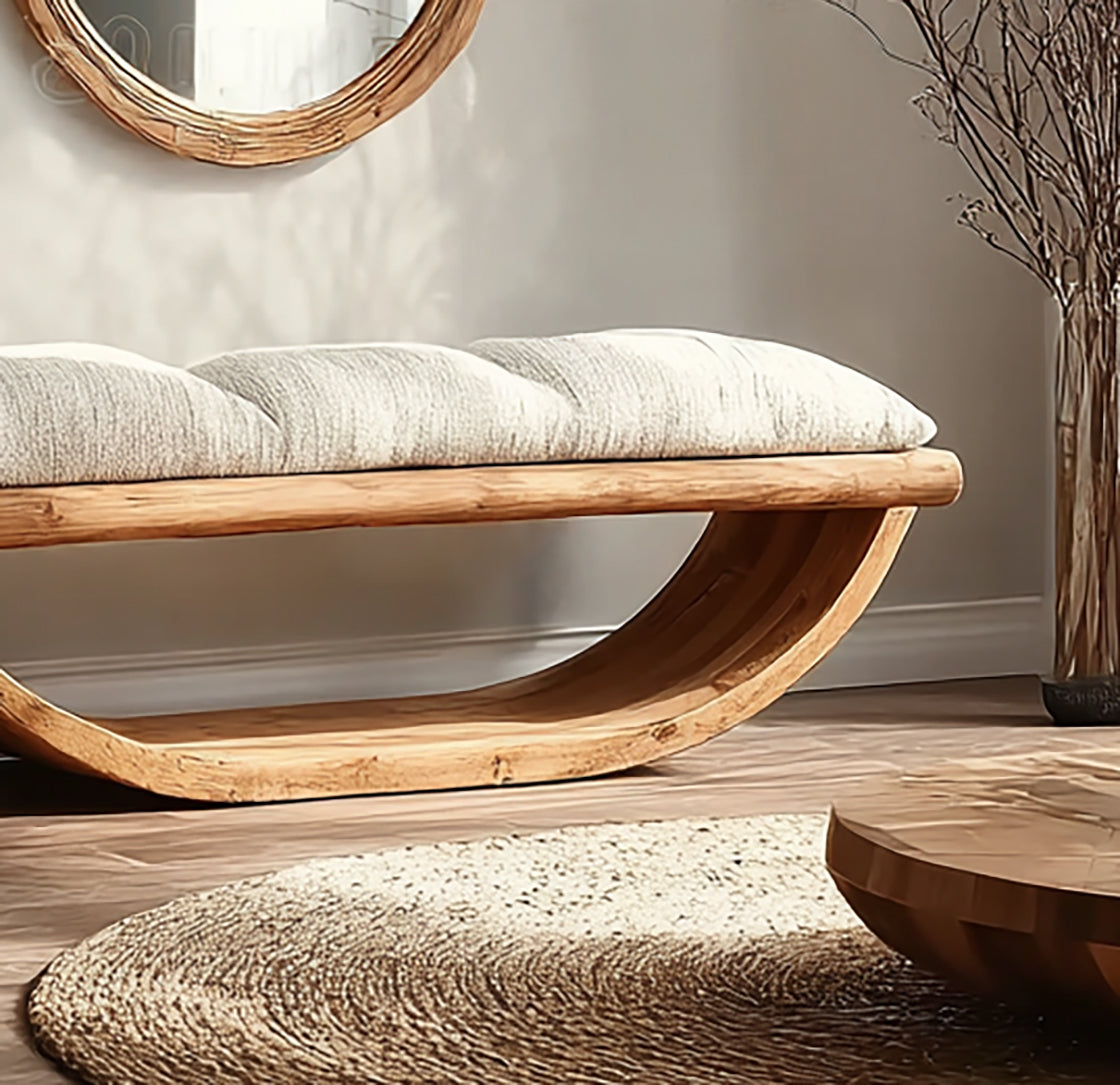 Handcrafted Curved Wood Bench – Modern Solid Wood Entryway Seating