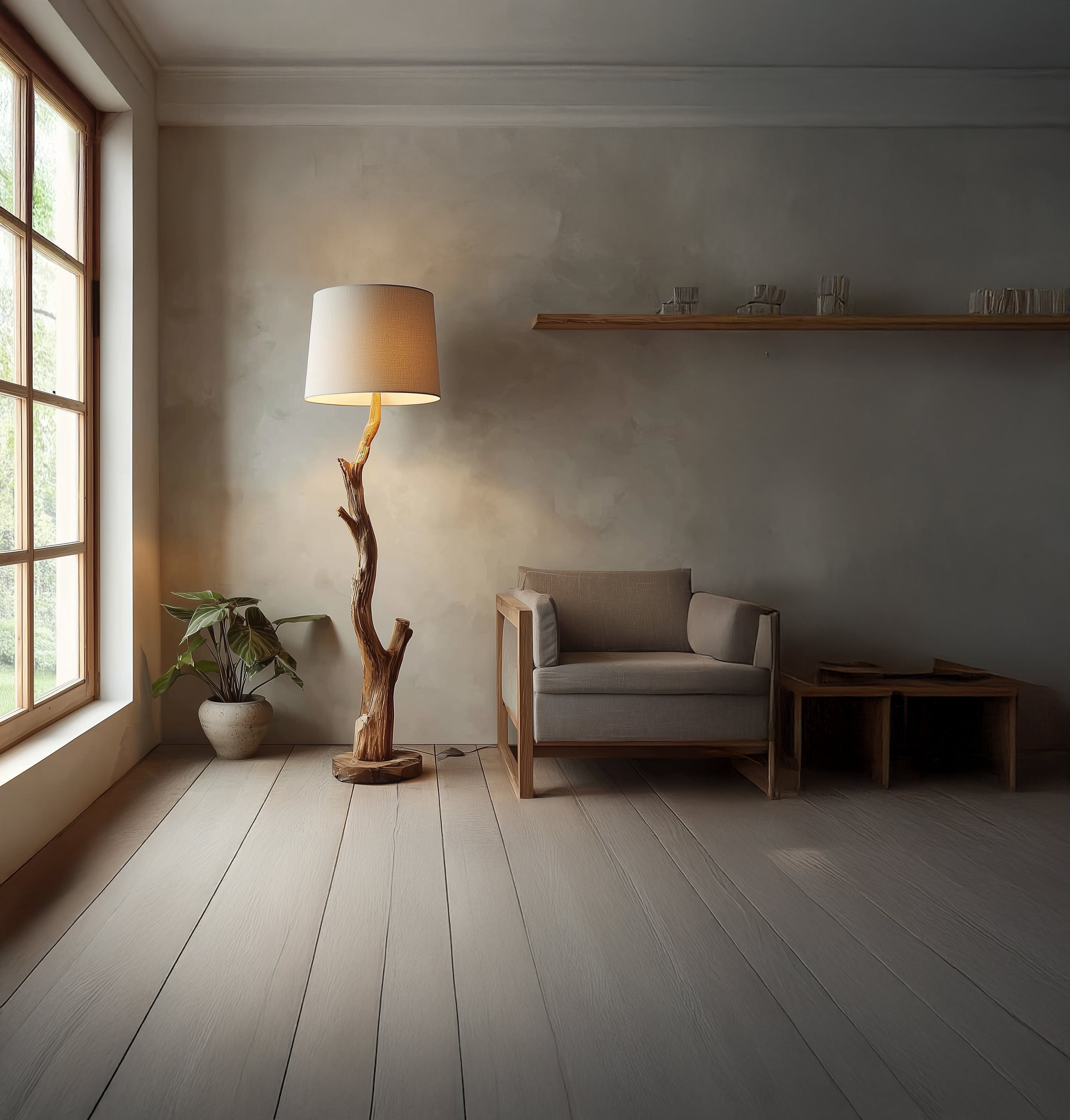 Tree Branch Wooden Floor Lamp – Rustic Driftwood Lighting for Living Room & Bedroom