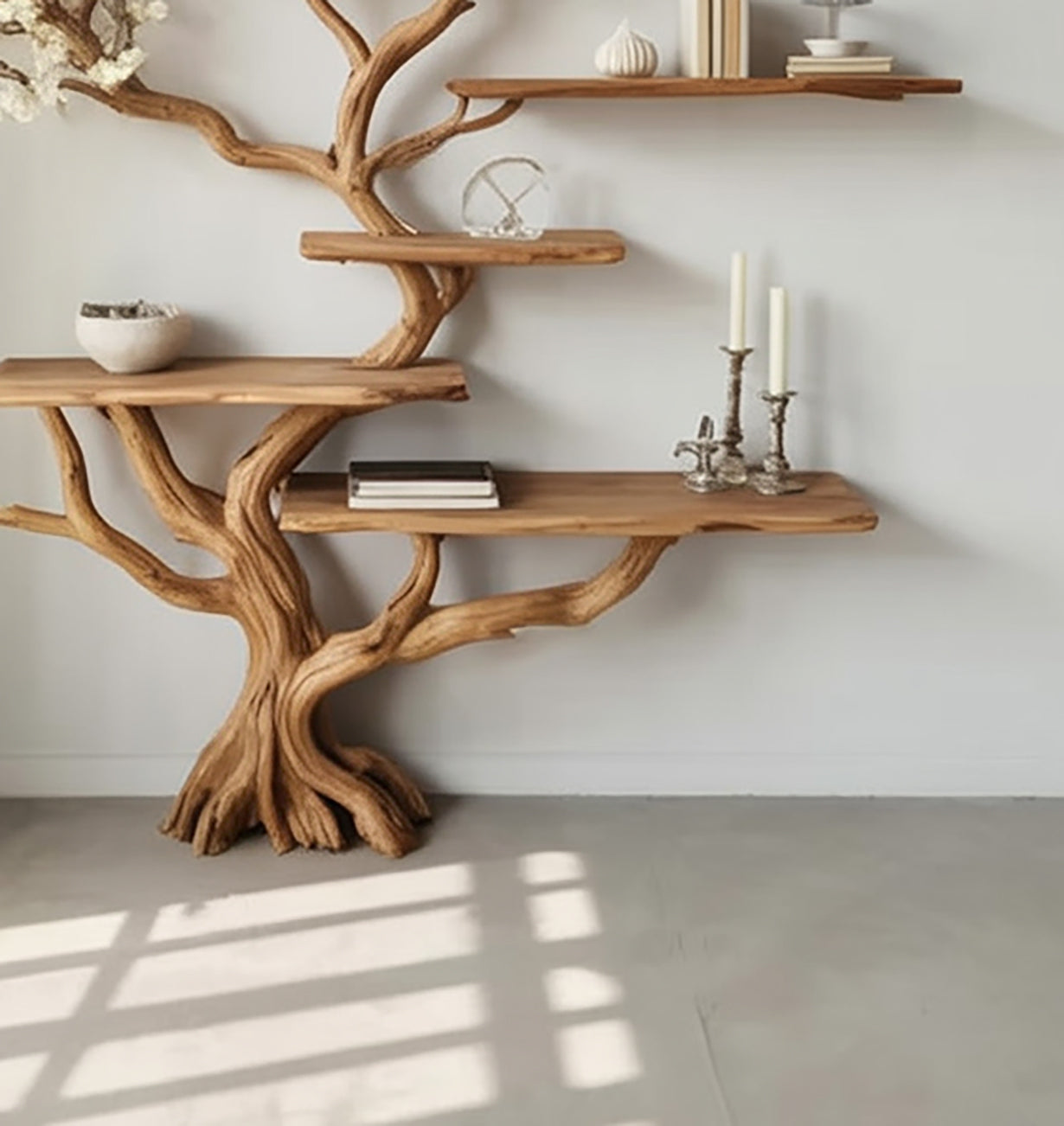 Handcrafted Tree Branch Bookshelf - Natural Wood Floating Shelves - Artistic Wall Decor