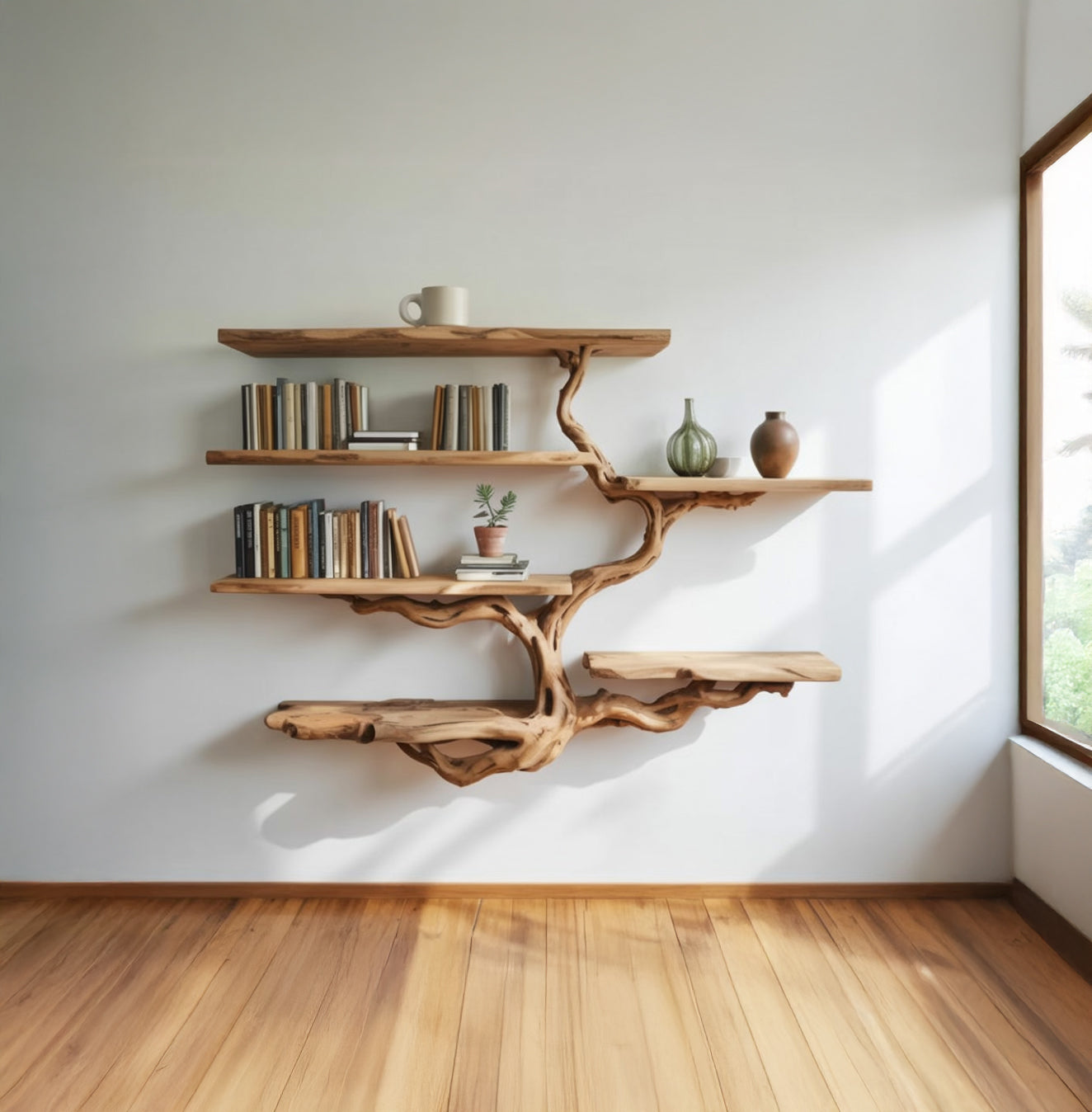 Tree Branch Floating Bookshelf – Solid Wood Wall Mounted Entryway Shelf
