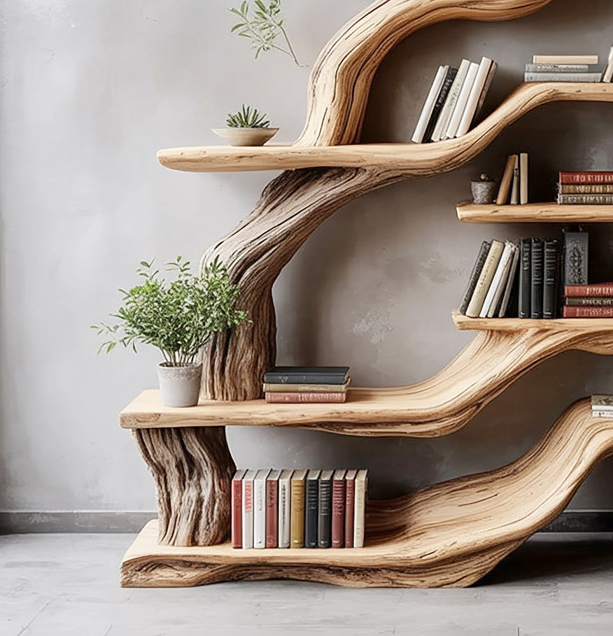 Handcrafted Live Edge Wooden Bookshelf – Artistic Tree Branch Design for Home or Office