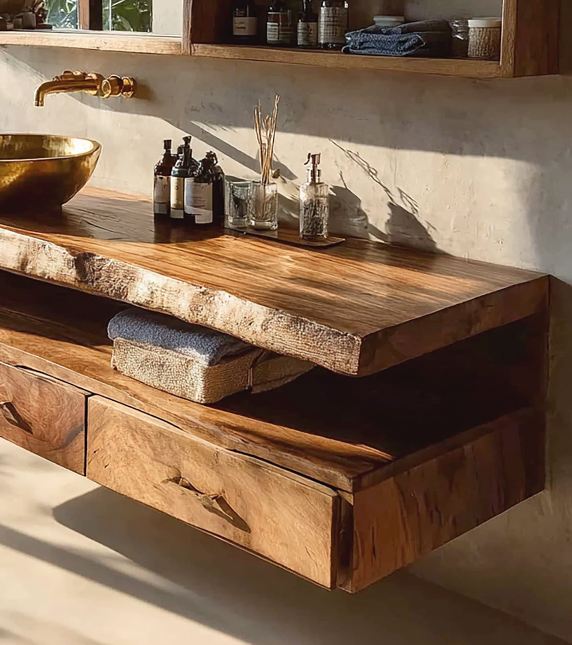 Modern Floating Wooden Vanity – Handmade Rustic Solid Wood Bathroom Cabinet