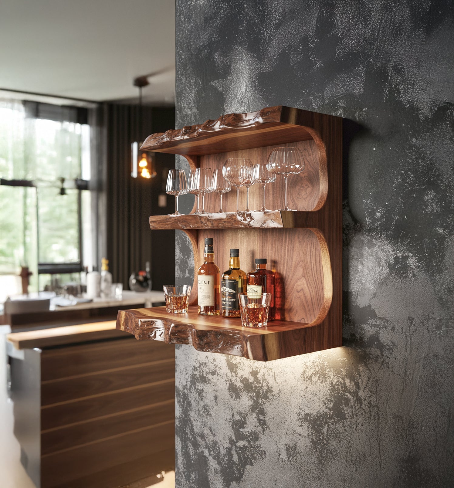 Handcrafted Floating Bar Shelf – Live Edge Wooden Wall Bar, Rustic Farmhouse Decor